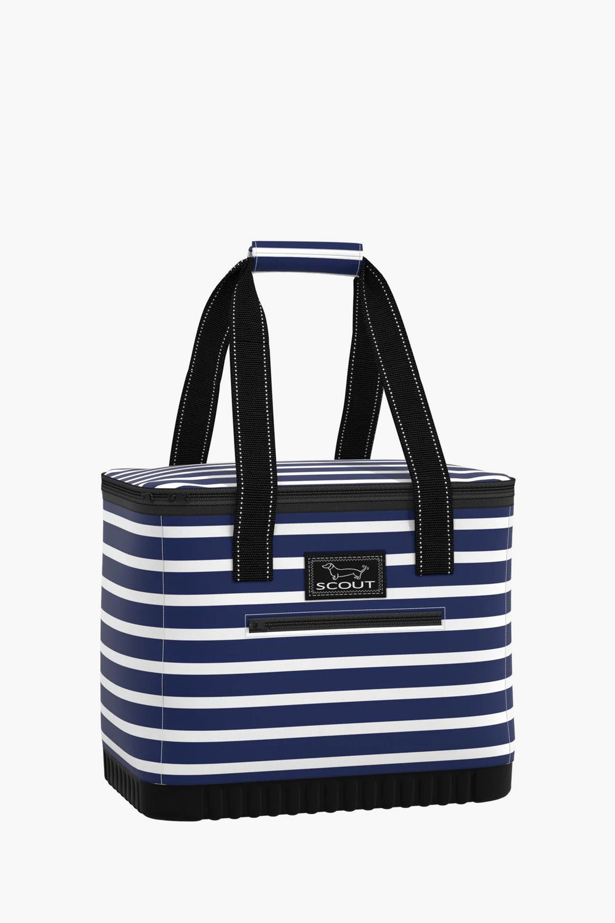The SCOUT insulated tote bag features navy blue and white horizontal stripes, black handles, and a front brand label—making it a stylish large soft cooler for any outing.