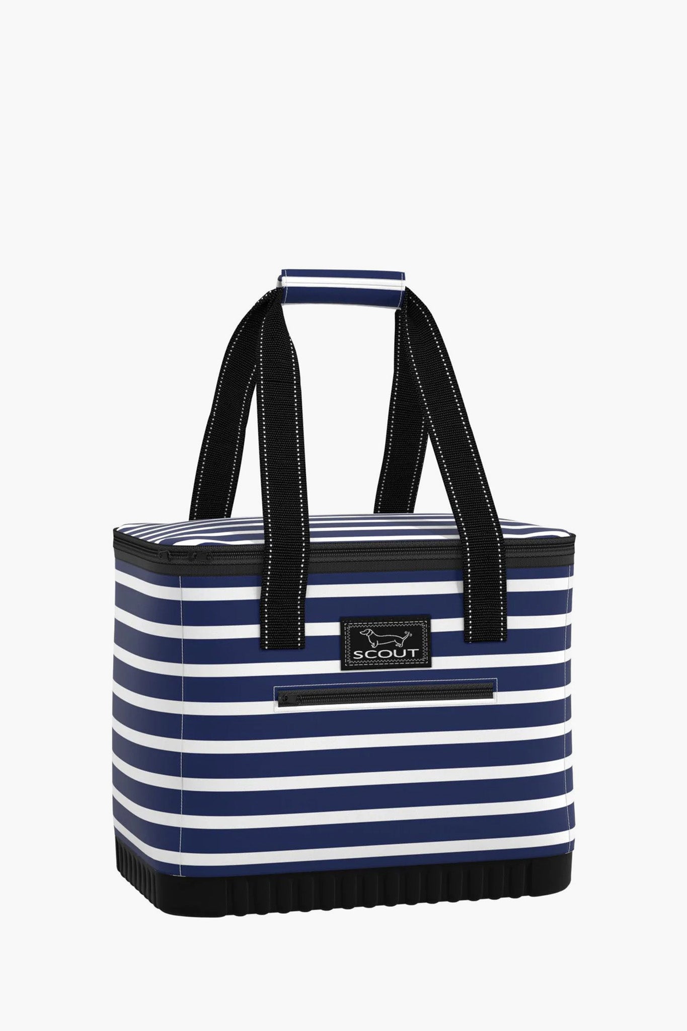 The SCOUT insulated tote bag features navy blue and white horizontal stripes, black handles, and a front brand label—making it a stylish large soft cooler for any outing.