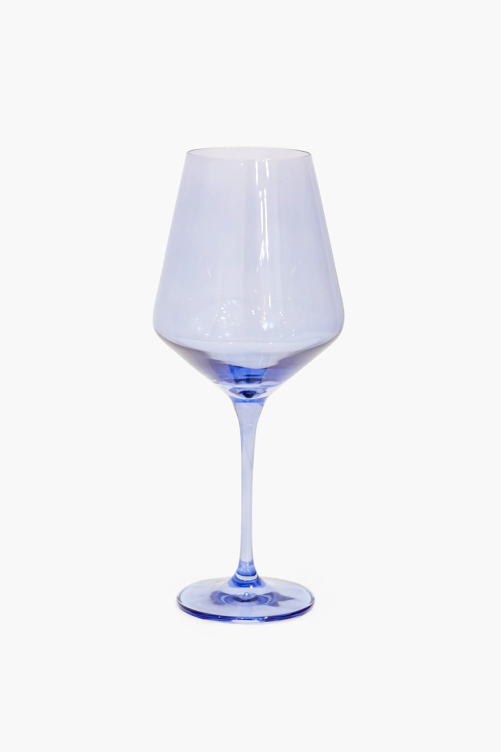 A clear wine glass with a subtly blue-tinted base and stem, hand-blown by Estelle Colored Glass for an elegant touch.