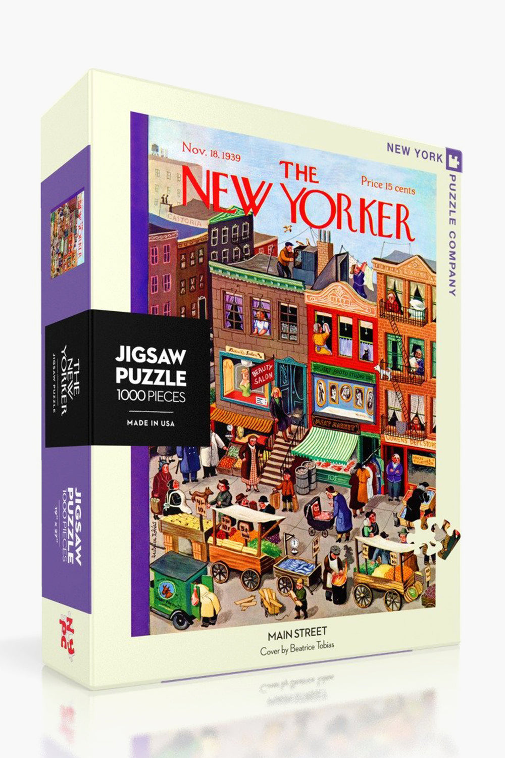 New York Puzzle Company 1000-piece jigsaw puzzle featuring Beatrice Tobias’s vibrant illustration from The New Yorker cover, November 18, 1939—depicting a lively main street scene.