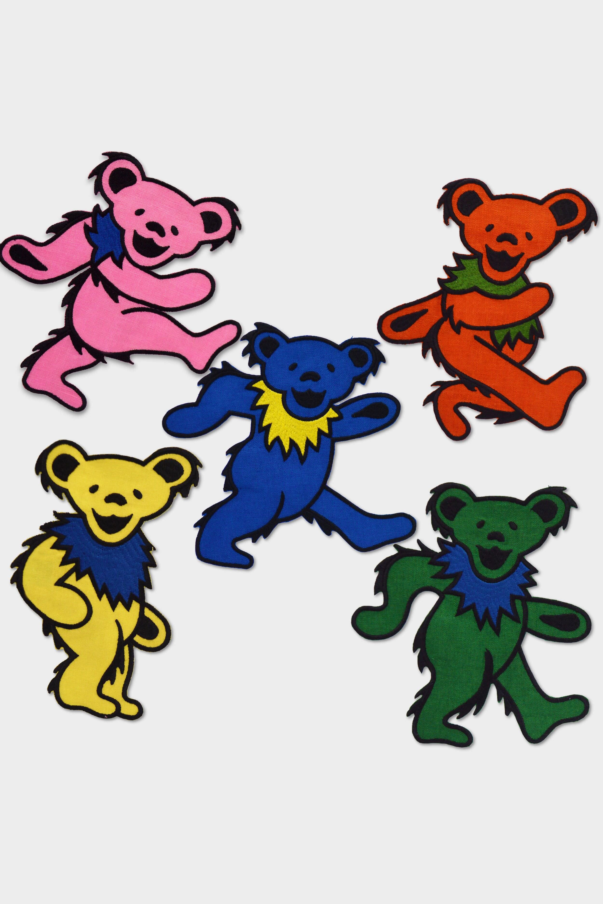 Five Chefanie cartoon bears in pink, orange, yellow, blue, and green with colorful collars are grouped together—perfect for adding a playful touch to your Grateful Dead or Dancing Bears Cocktail Napkins.