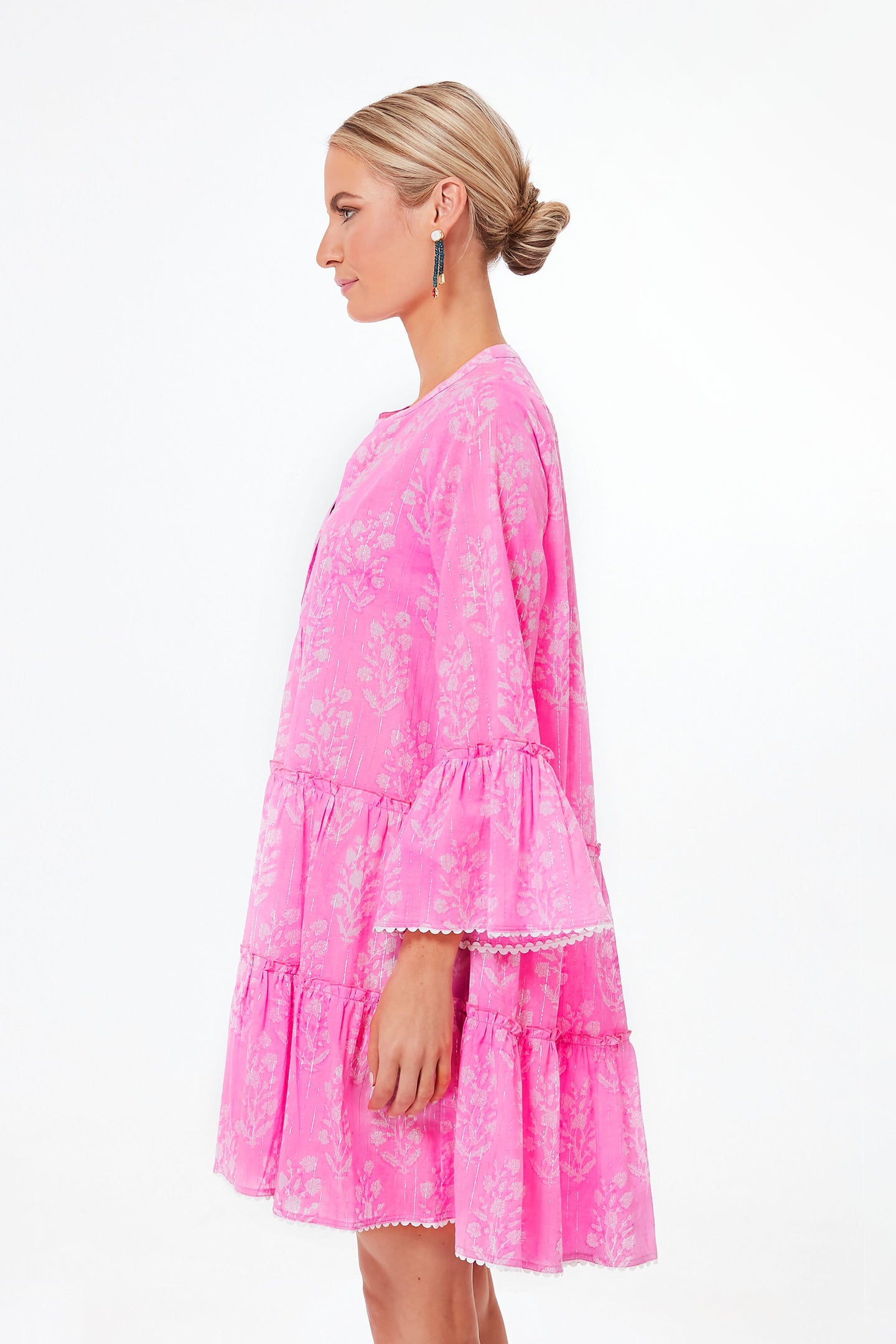 Exclusive Orchid Small Flower Lurex Flared Sleeve Dress