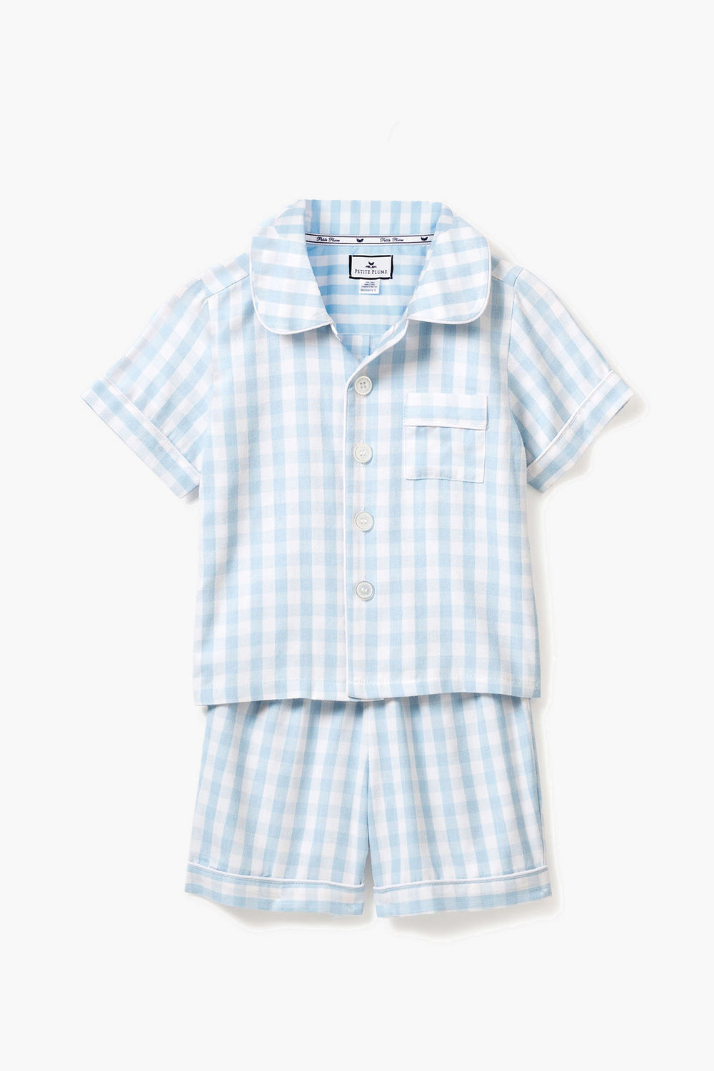 Petite Plume light blue and white gingham short-sleeve cotton pajama set includes a button-up shirt and matching shorts—perfect sleepwear for kids.