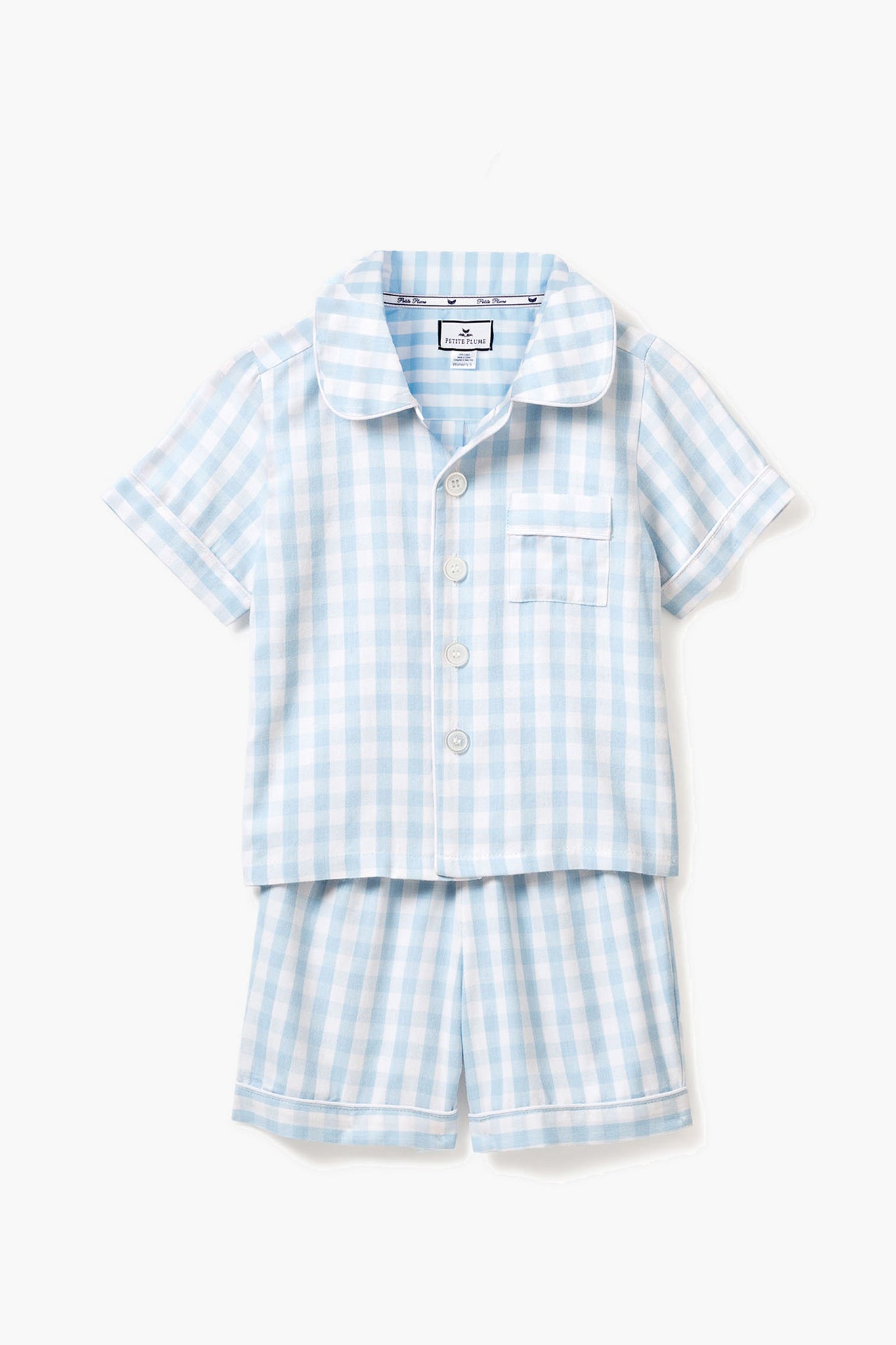 Petite Plume light blue and white gingham short-sleeve cotton pajama set includes a button-up shirt and matching shorts—perfect sleepwear for kids.