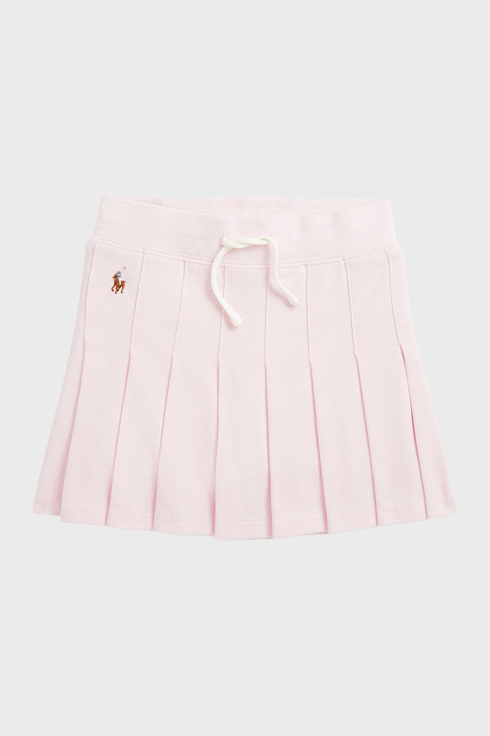 Girls light pink pleated mesh skort by Polo Ralph Lauren, featuring a white drawstring waistband and a small embroidered horse logo on the left side.