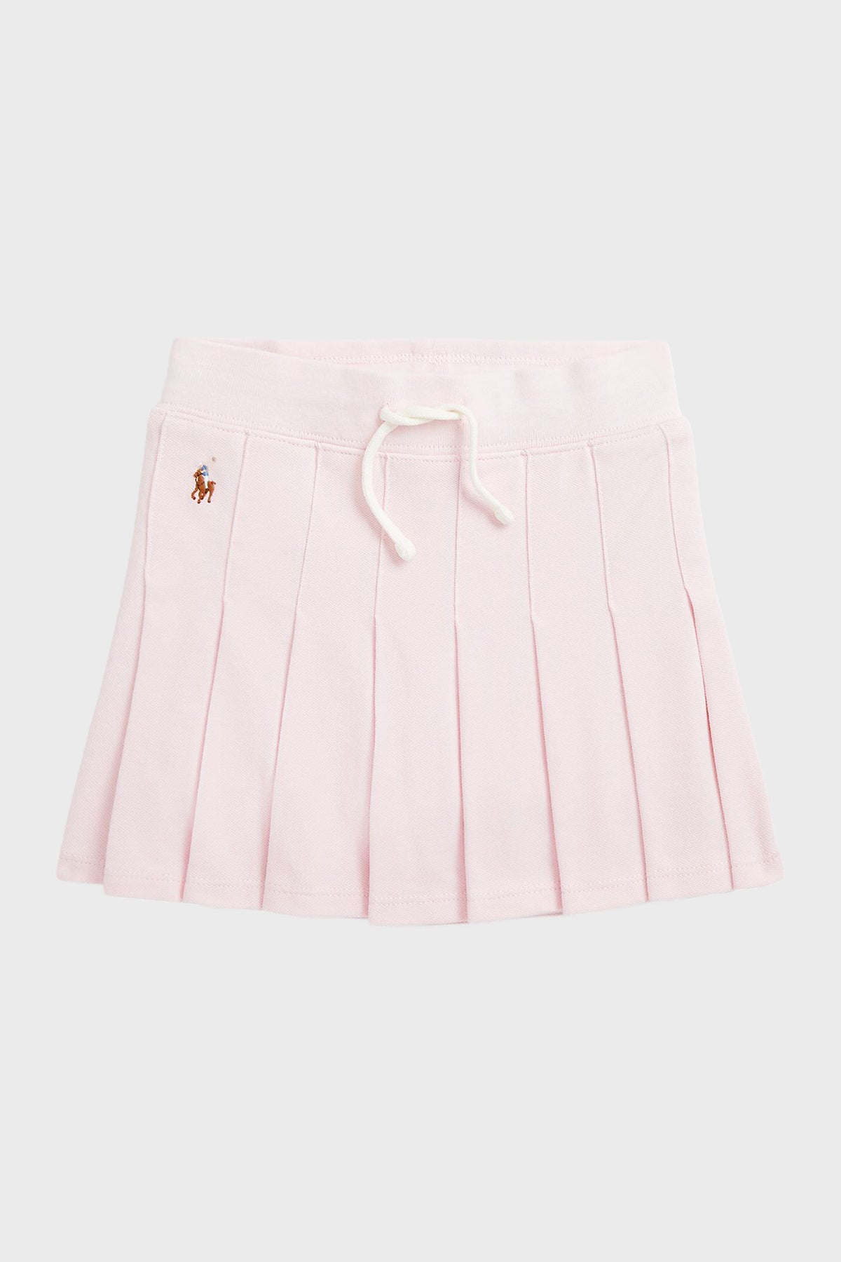 Girls light pink pleated mesh skort by Polo Ralph Lauren, featuring a white drawstring waistband and a small embroidered horse logo on the left side.