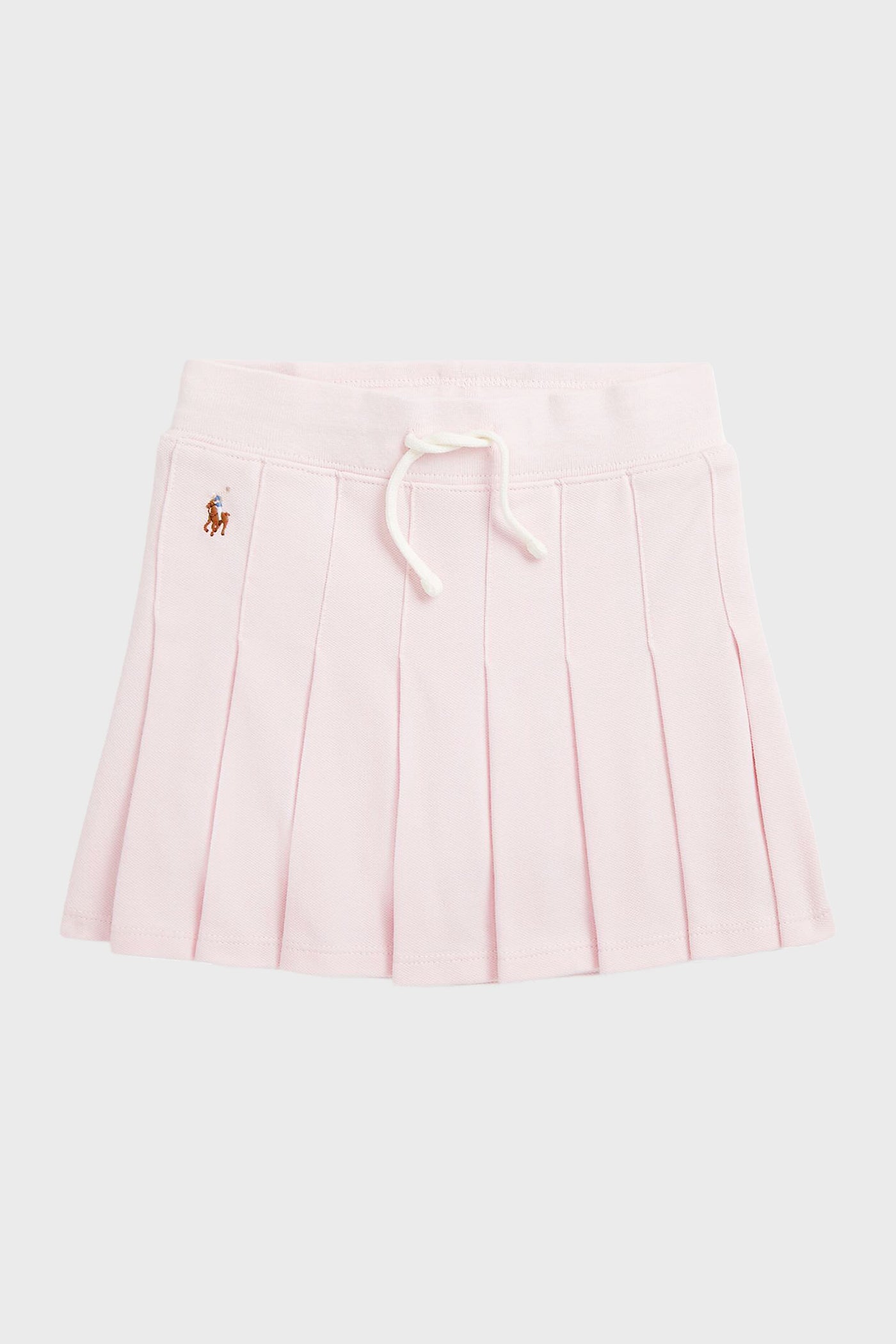 Girls light pink pleated mesh skort by Polo Ralph Lauren, featuring a white drawstring waistband and a small embroidered horse logo on the left side.