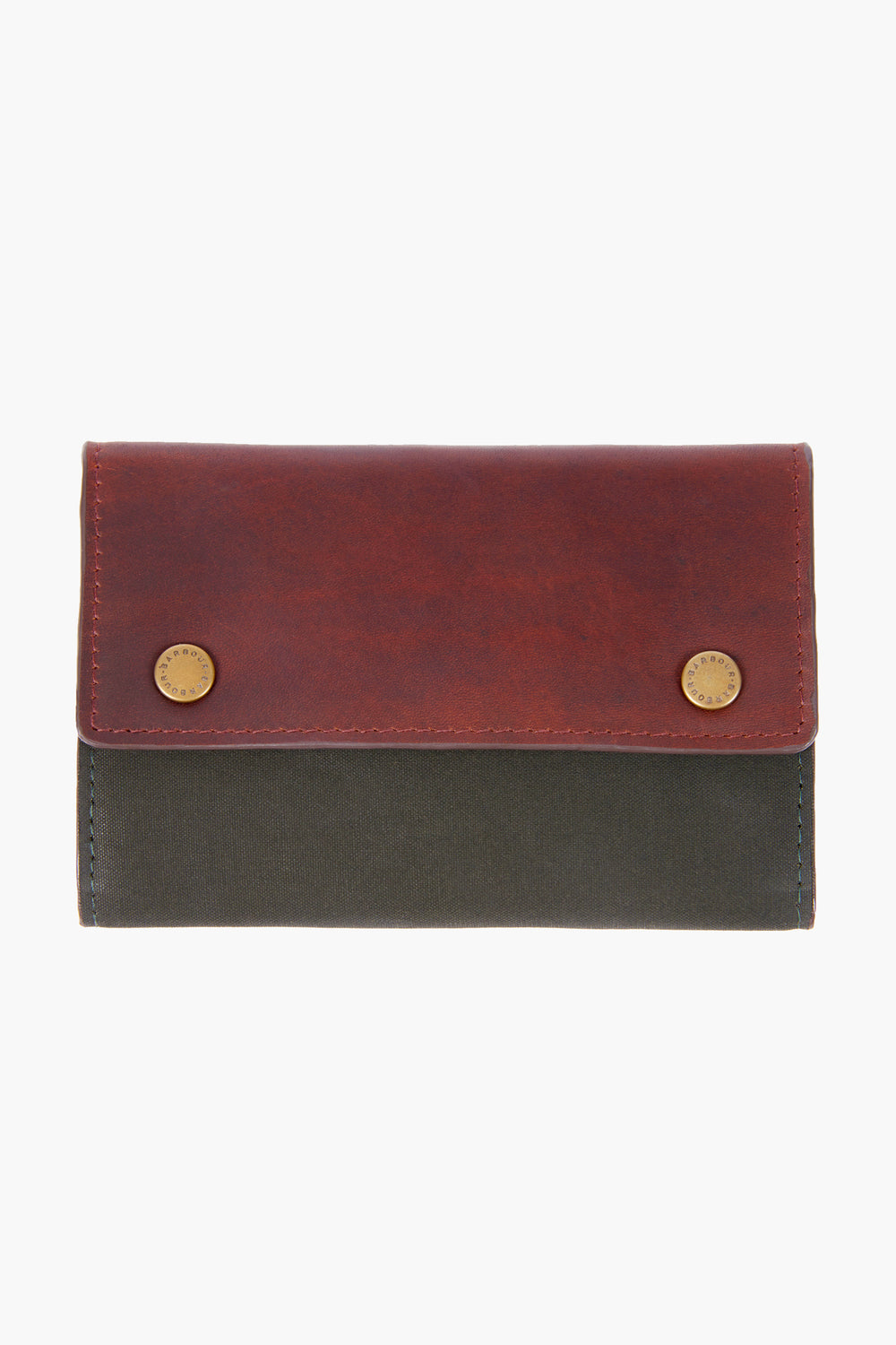The Barbour two-tone leather wallet, with a brown flap, brass snap buttons, and dark green body, is perfect for storing essentials like a Barbour manicure kit or travel grooming set.