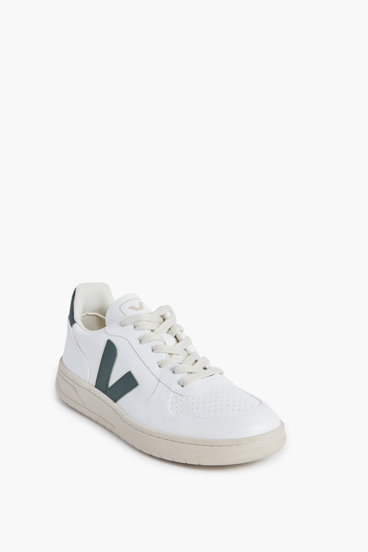 VEJA V-10 sneakers featuring a white upper, off-white sole, perforated toe, and a dark green V logo—crafted as sustainable footwear.