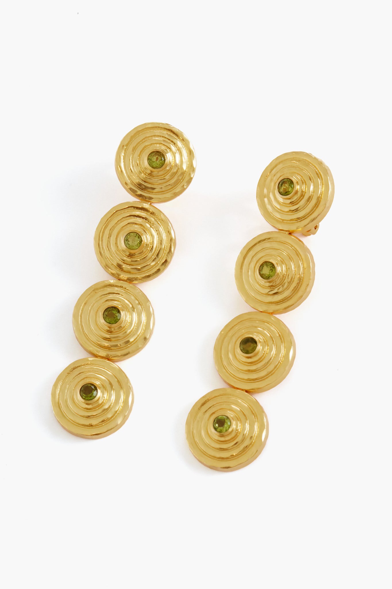 VALERE 24k gold plated drop earrings with three round, textured discs, each accented by a green tourmaline quartz. Ideal for lovers of elegant, handmade jewelry.