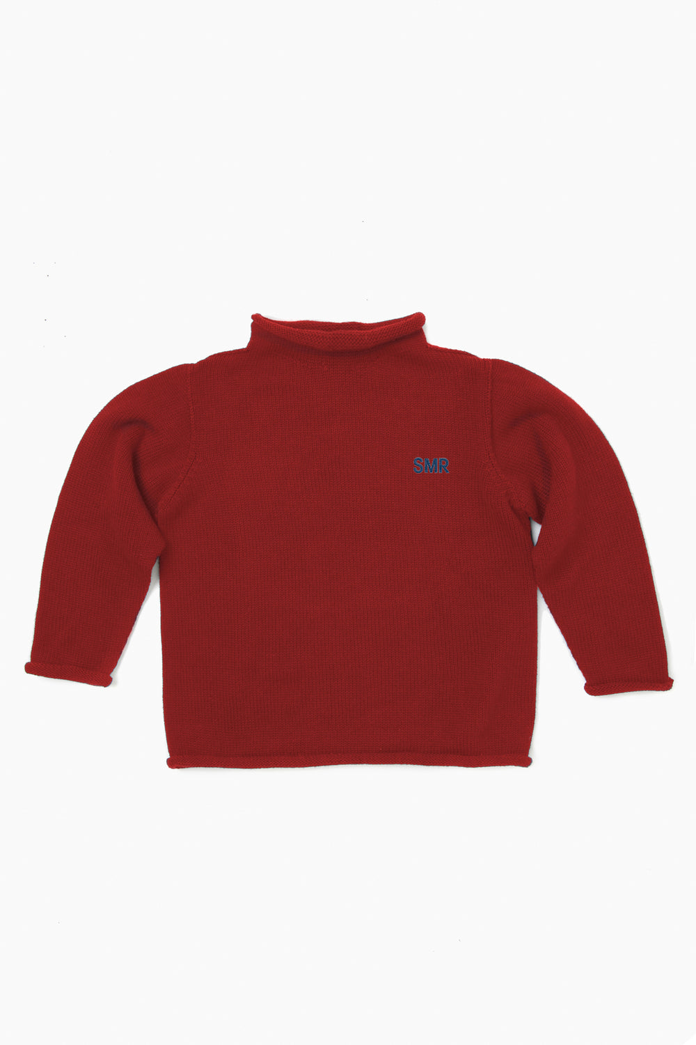 A Soft Idea plain red cotton knit kids’ long-sleeve sweater featuring a small blue SMR logo on the left chest, shown laid flat.