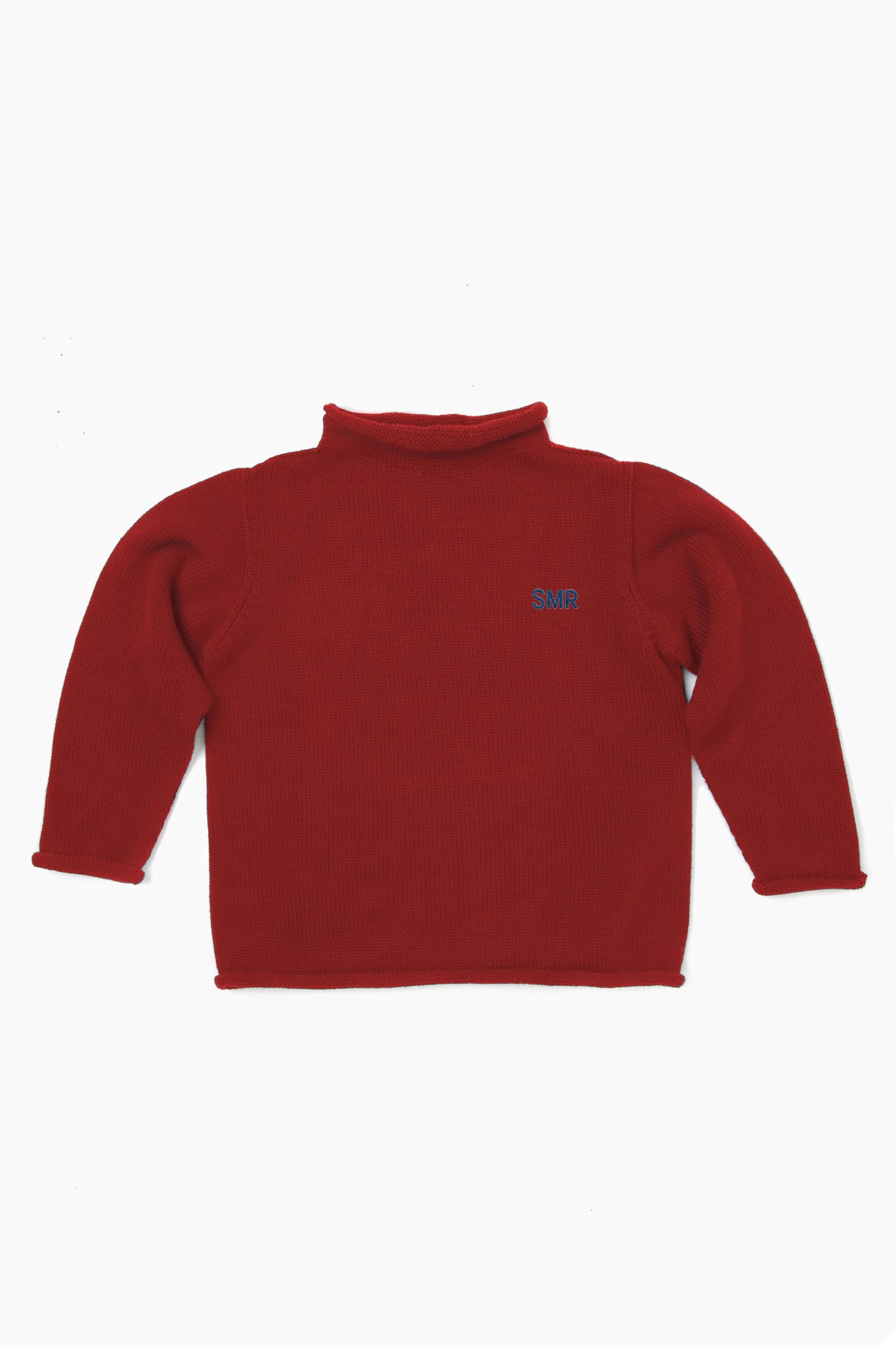 A Soft Idea plain red cotton knit kids’ long-sleeve sweater featuring a small blue SMR logo on the left chest, shown laid flat.