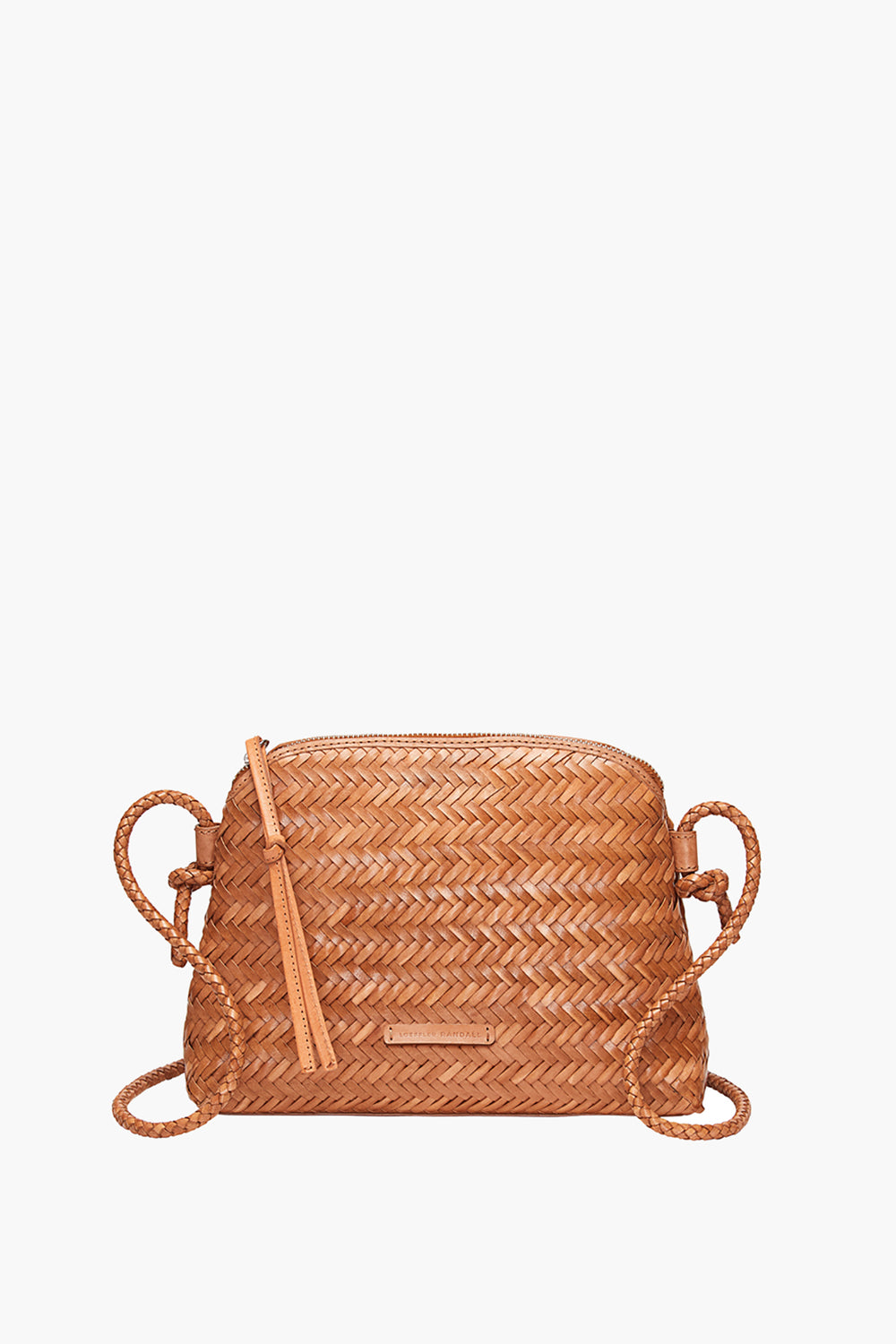 A small brown Mallory Crossbody bag by Loeffler Randall, crafted from buffalo leather with a zip closure, side knots, and a rectangular silhouette.