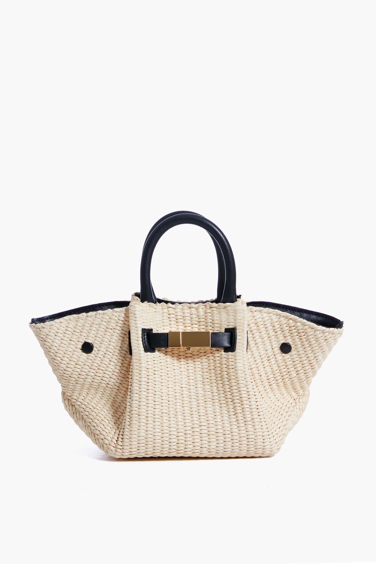 The Demellier woven raffia handbag in beige features black handles and a gold accent, making it a perfect luxury women's purse.