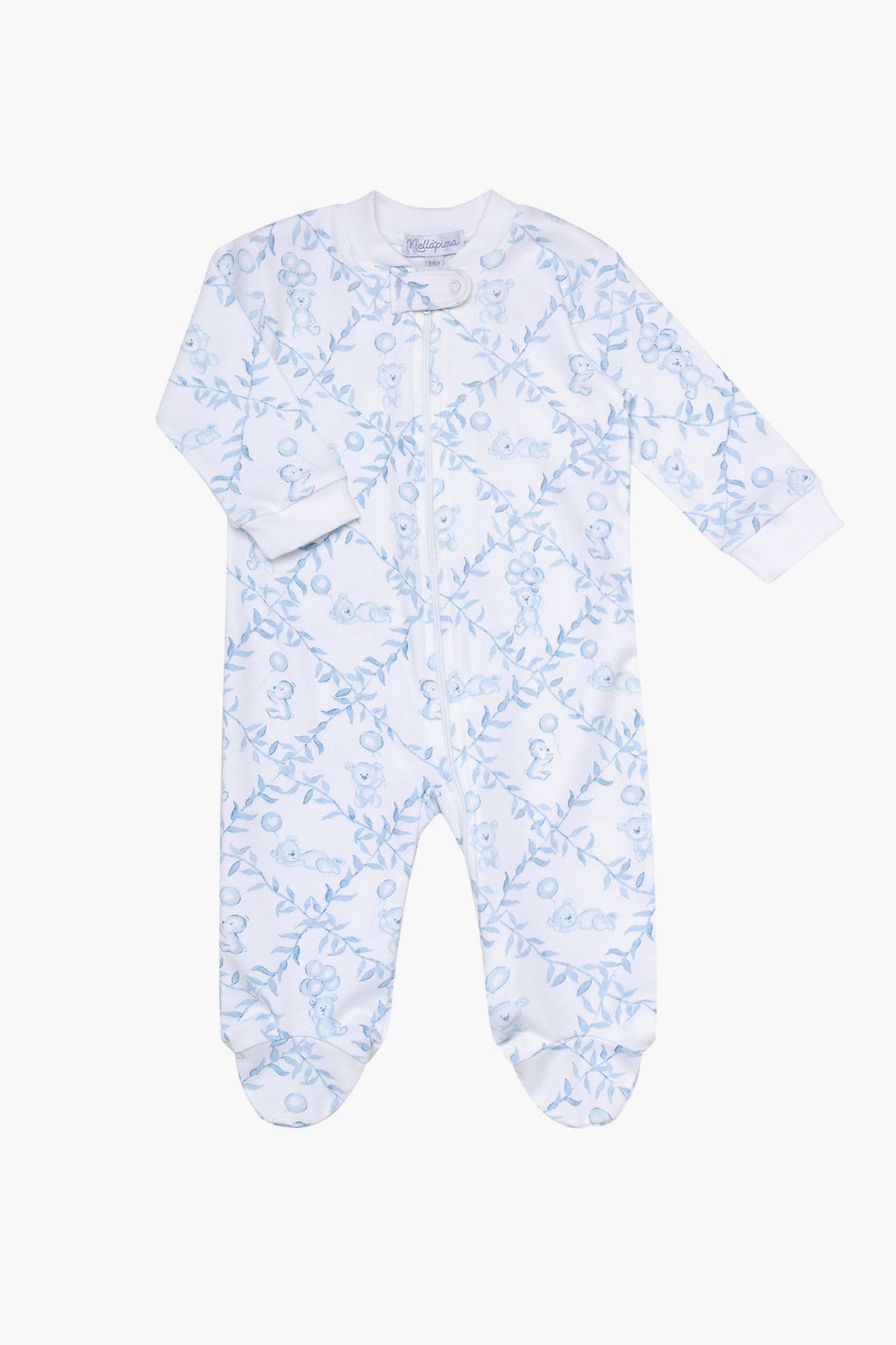 Nella Pima white baby footed onesie with long sleeves, featuring a blue floral pattern and crafted from soft Peruvian Pima cotton for ultimate comfort.