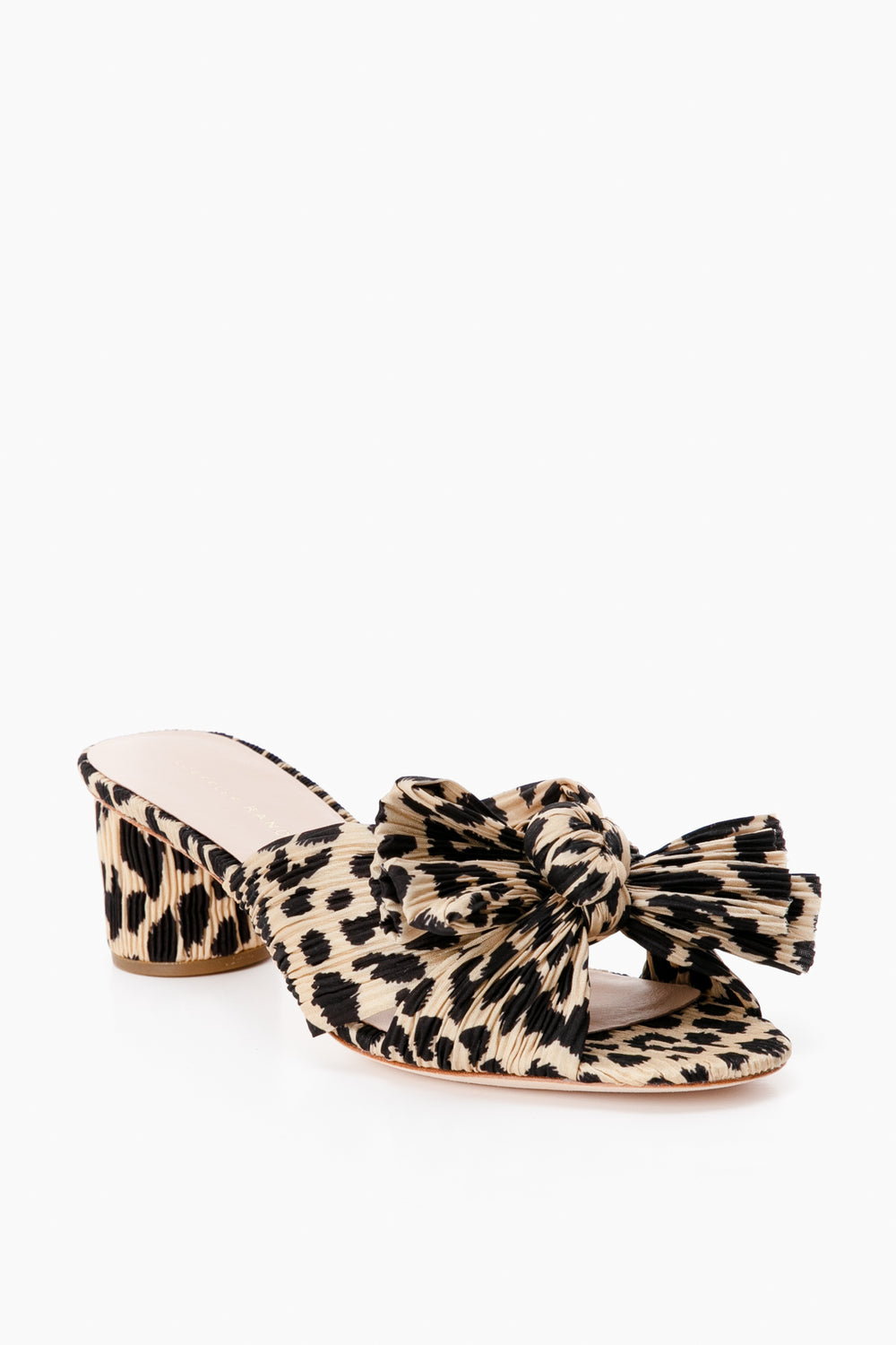 Loeffler Randall women's open-toe heeled sandal with leopard print, a large front bow knot mule design, and a low block heel for standout style.