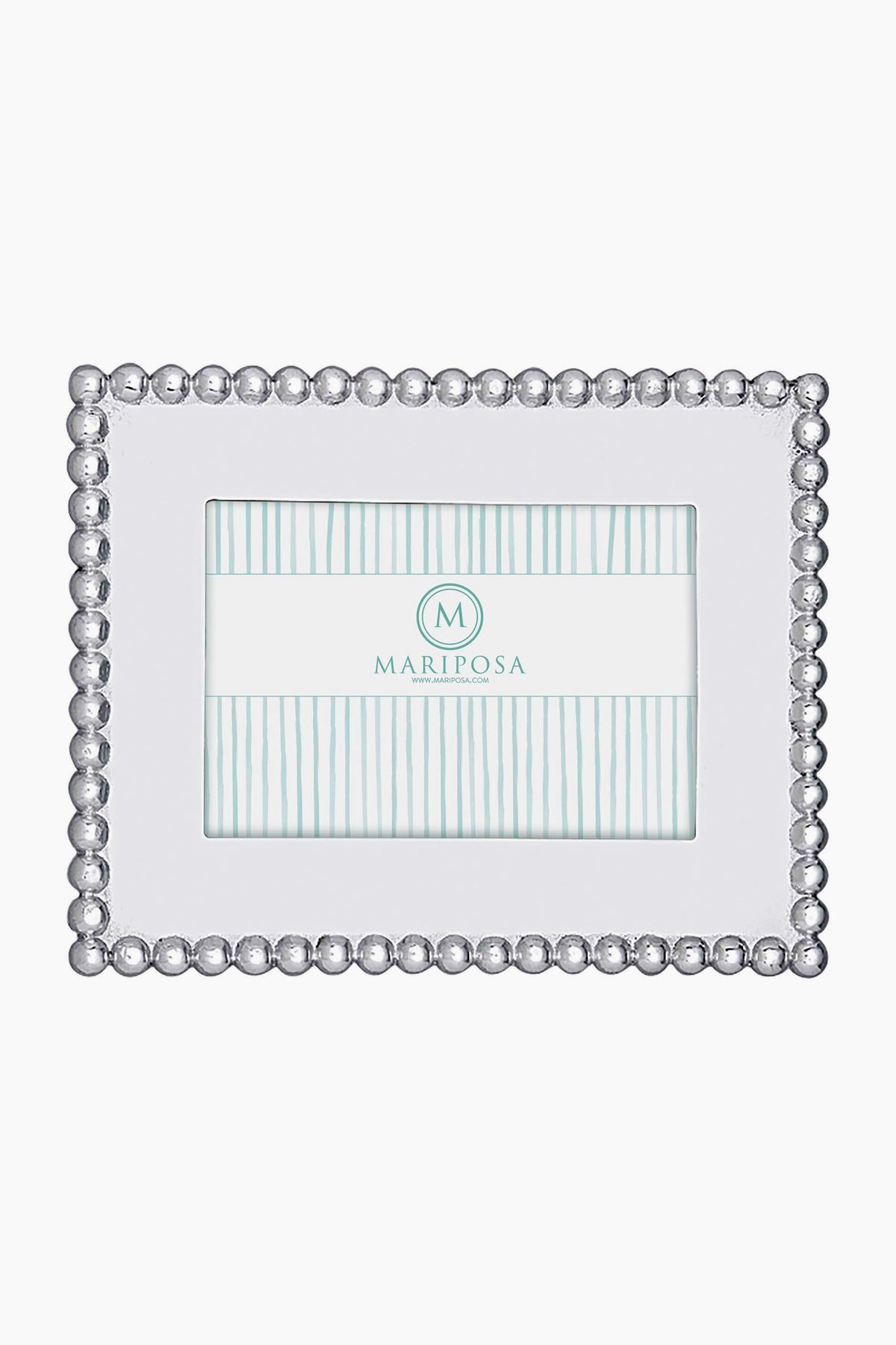 Mariposa rectangular 4x6 picture frame crafted from recycled aluminum, featuring a raised silver bead border and a blue-striped placeholder insert with the Mariposa logo at the center.
