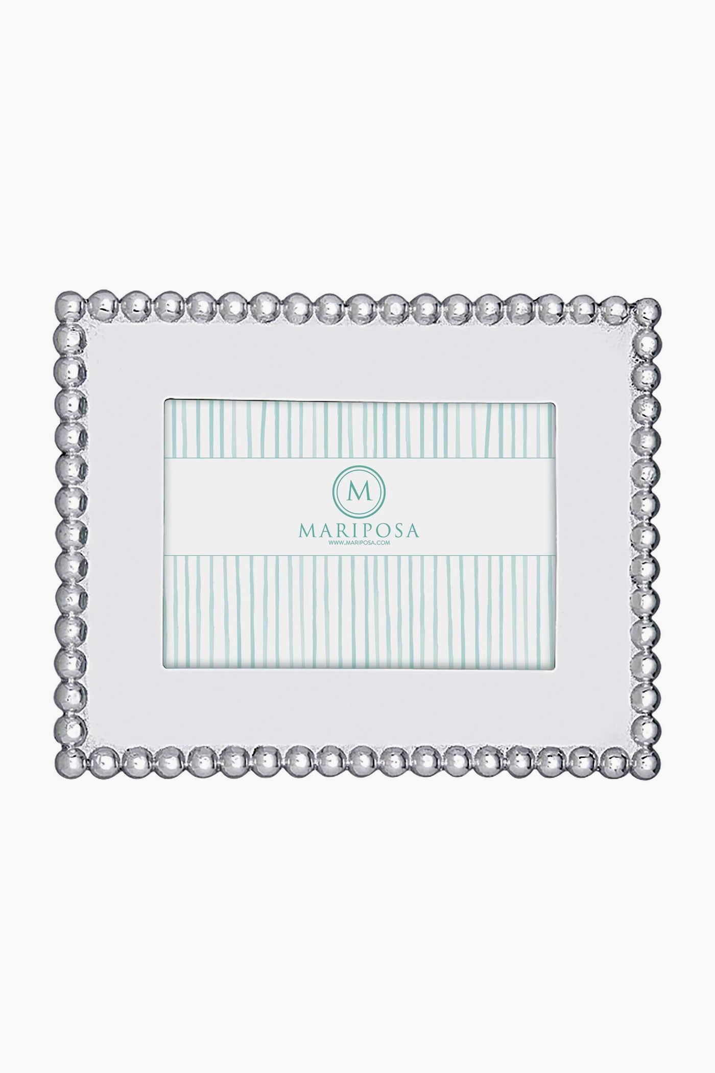 Mariposa rectangular 4x6 picture frame crafted from recycled aluminum, featuring a raised silver bead border and a blue-striped placeholder insert with the Mariposa logo at the center.