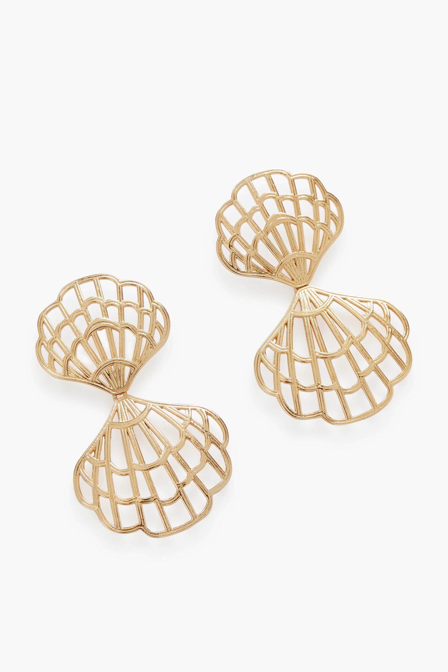Tuckernuck Jewelry gold openwork clamshell earrings crafted from brass, perfect as hypoallergenic earrings for sensitive ears.