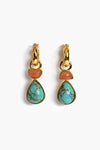 Lizzie Fortunato earrings with gold-plated brass hoops, teardrop turquoise stones, and coral-colored semicircle accents.