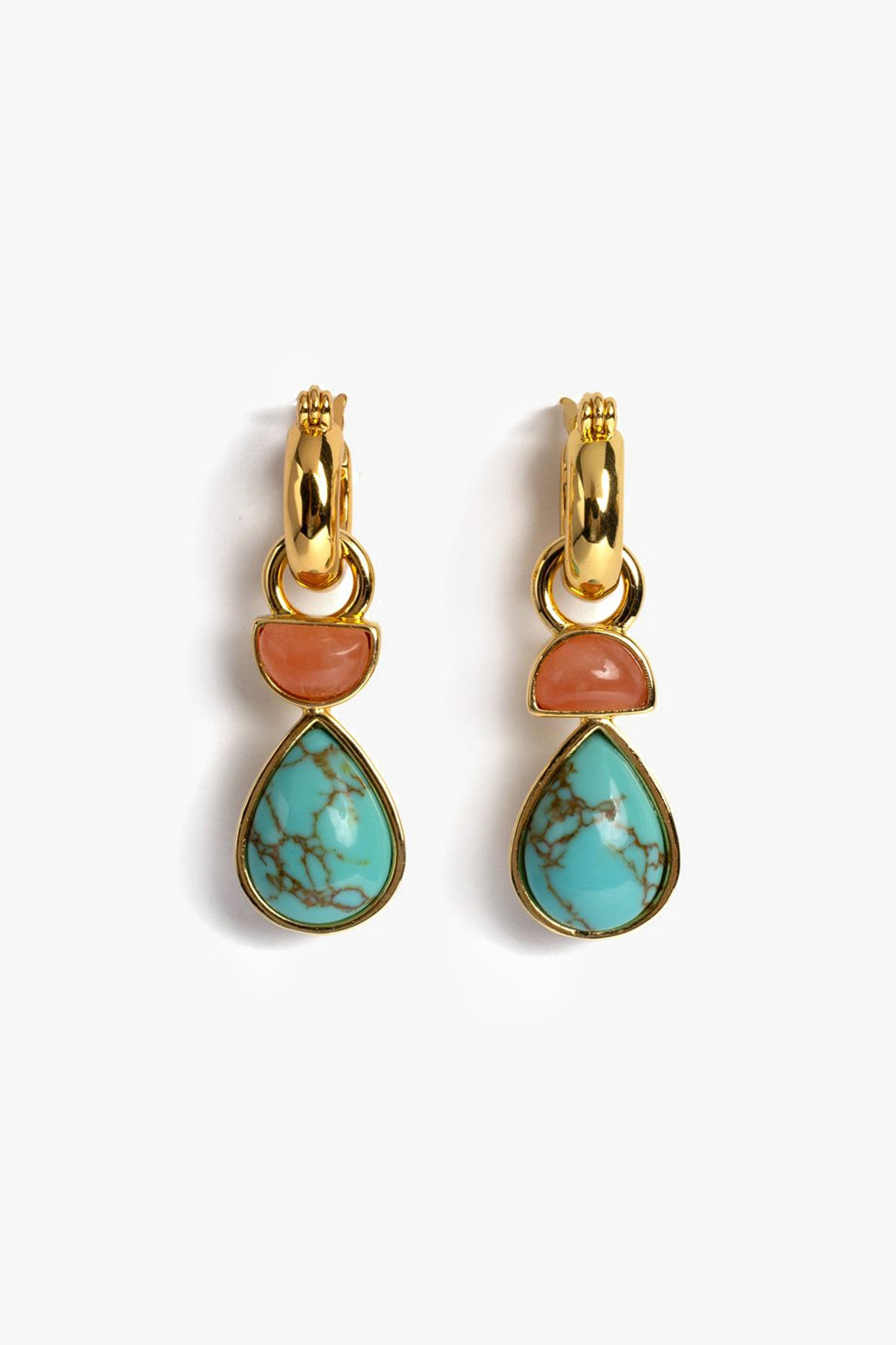 Lizzie Fortunato earrings with gold-plated brass hoops, teardrop turquoise stones, and coral-colored semicircle accents.
