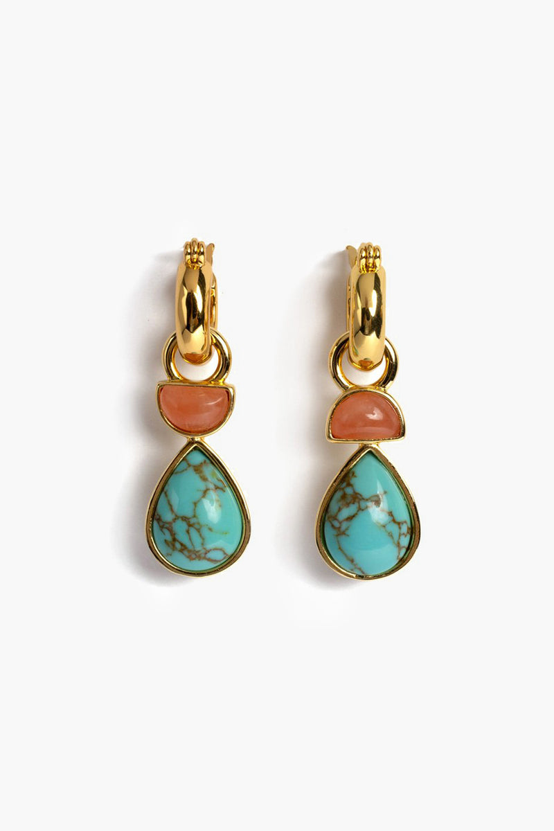 Lizzie Fortunato earrings with gold-plated brass hoops, teardrop turquoise stones, and coral-colored semicircle accents.