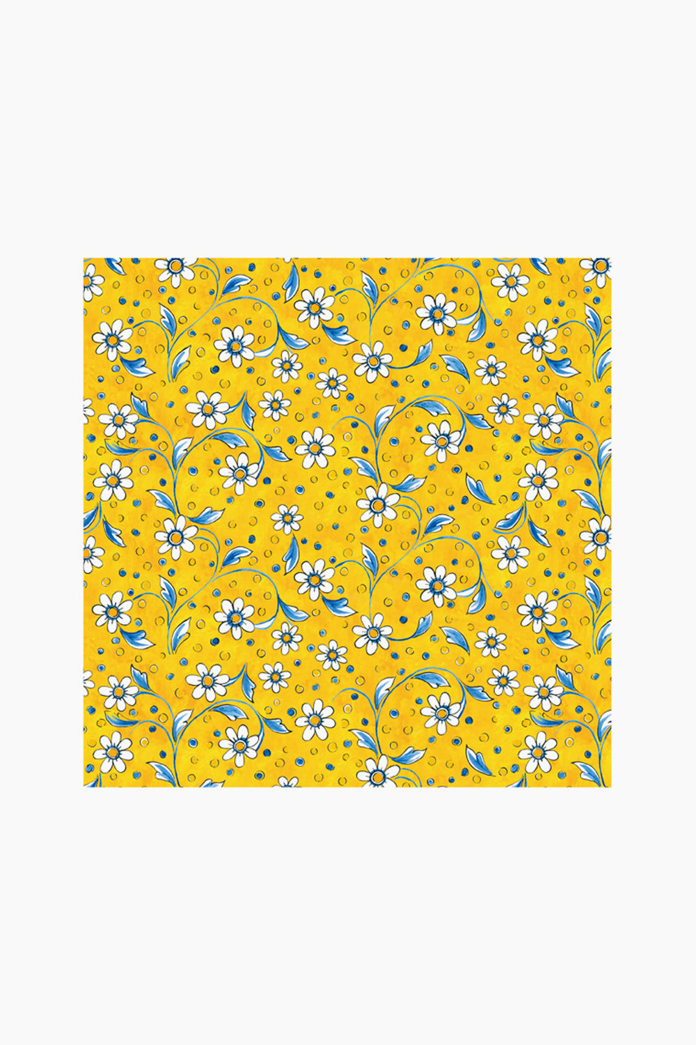 Le Cadeaux luxury melamine waterproof tablecloth with a repeating pattern of white daisies, blue leaves, and small orange dots. Stain resistant for easy care and everyday elegance.