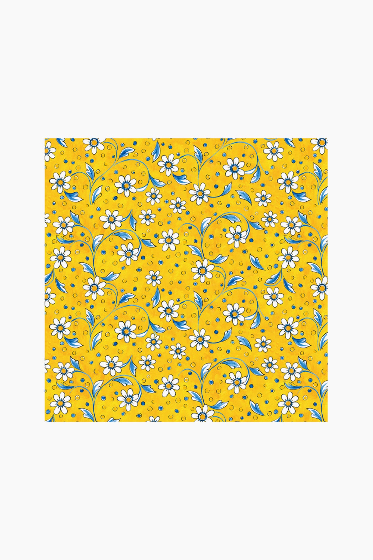 Le Cadeaux luxury melamine waterproof tablecloth with a repeating pattern of white daisies, blue leaves, and small orange dots. Stain resistant for easy care and everyday elegance.