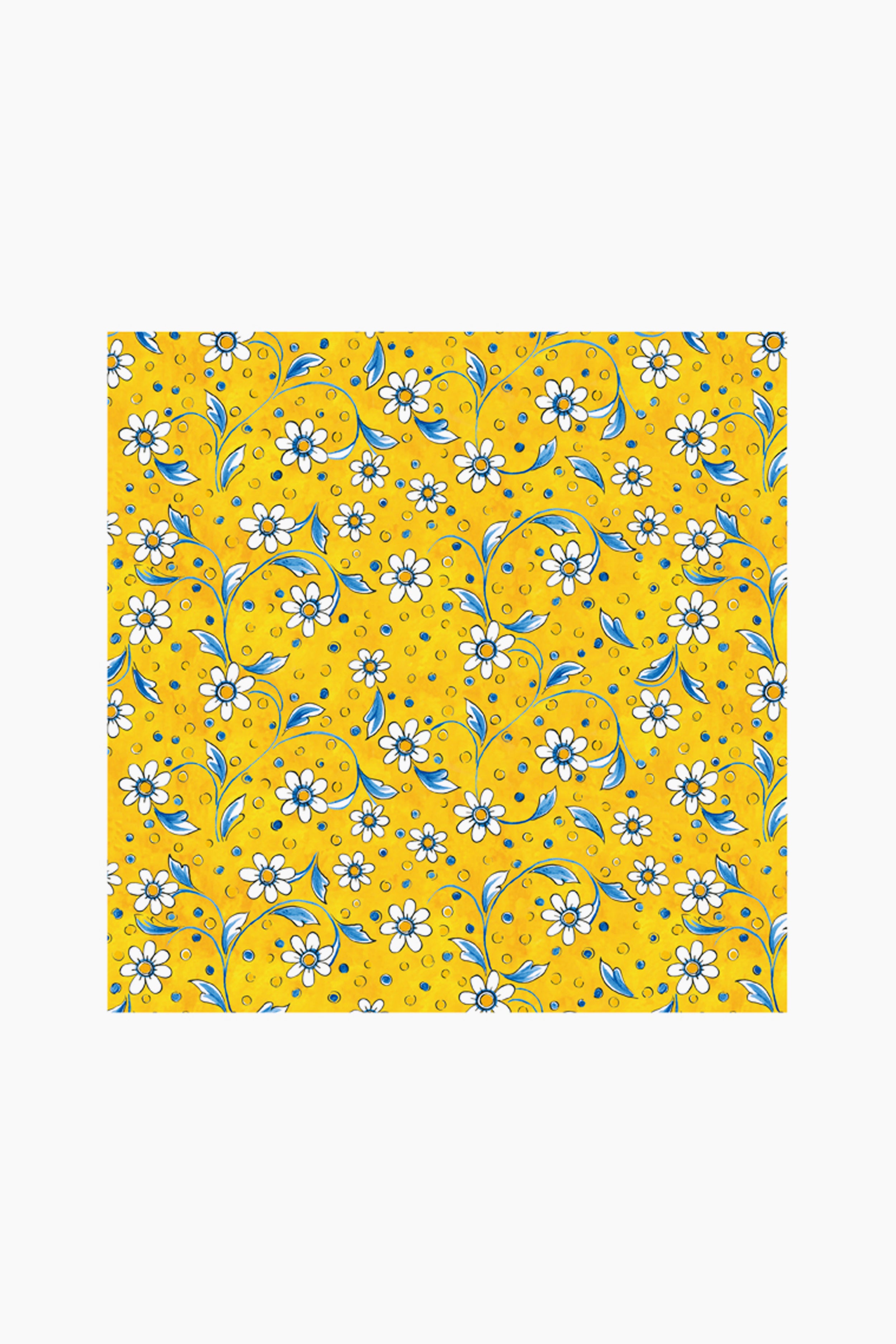 Le Cadeaux luxury melamine waterproof tablecloth with a repeating pattern of white daisies, blue leaves, and small orange dots. Stain resistant for easy care and everyday elegance.