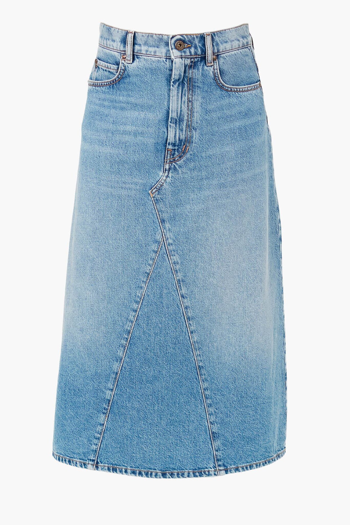 The Weekend Max Mara knee-length A-line denim skirt features light blue wash, front button and zipper closure, belt loops, and paneled seam detailing.