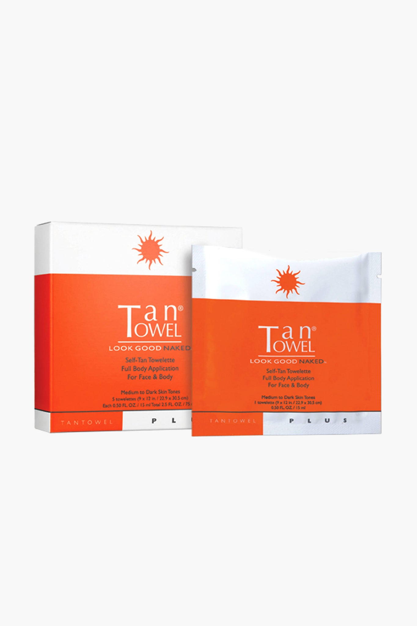 Full Body Plus 5 Pack features classic Tan Towel towelettes for effortless, streak-free self-tanning, perfect for a fun, high-end glow on medium to dark skin tones.