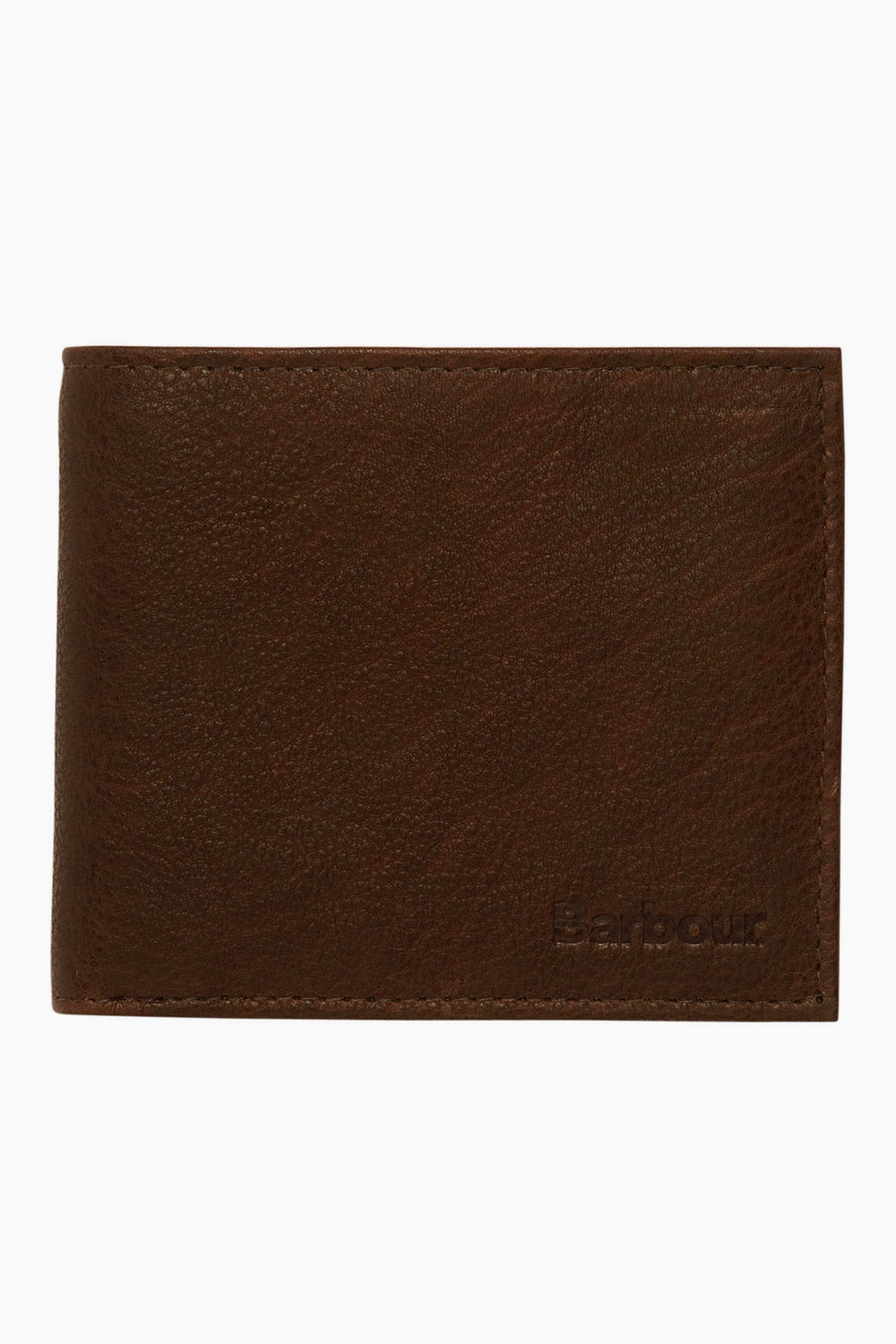 A closed brown leather billfold by Barbour with a subtle embossed logo on the bottom right corner and a convenient coin pocket.