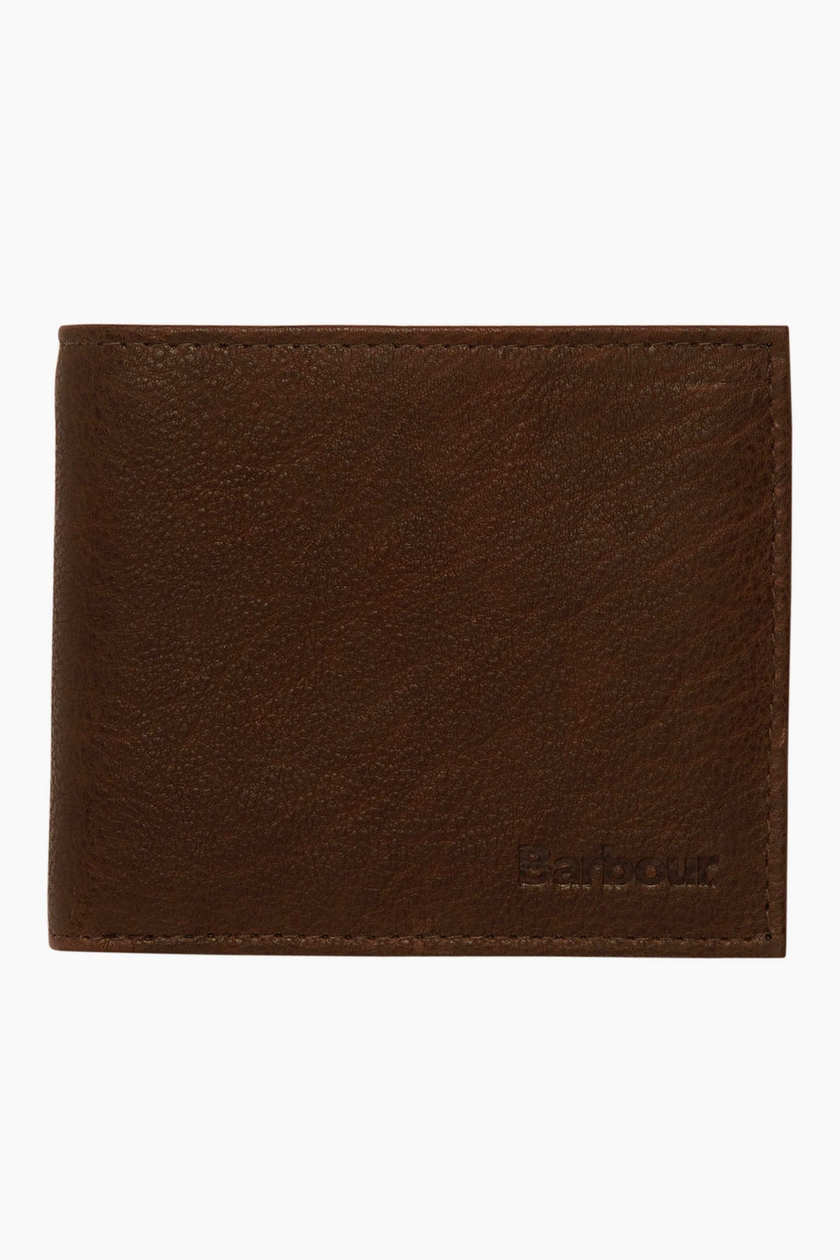 A closed brown leather billfold by Barbour with a subtle embossed logo on the bottom right corner and a convenient coin pocket.