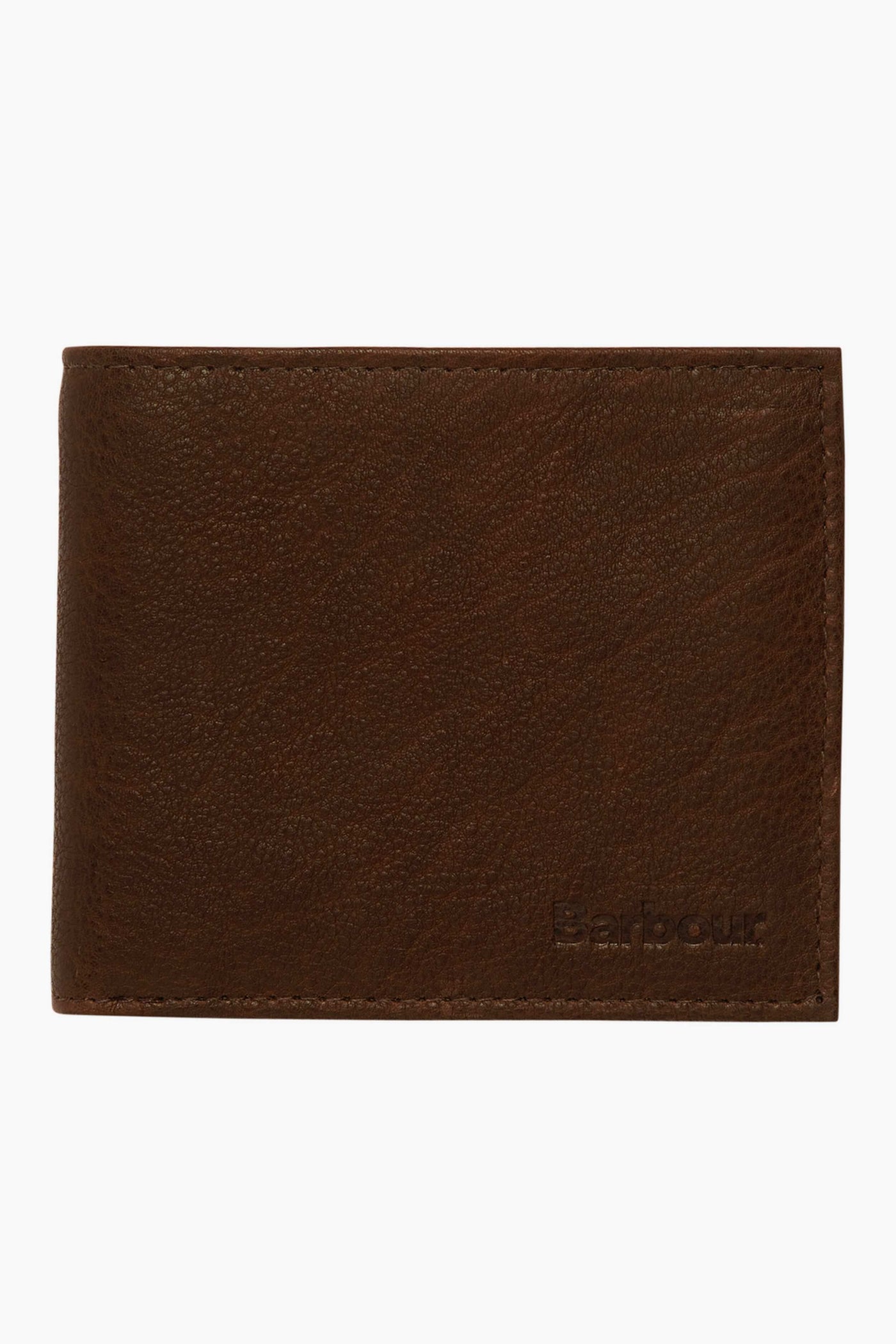 A closed brown leather billfold by Barbour with a subtle embossed logo on the bottom right corner and a convenient coin pocket.