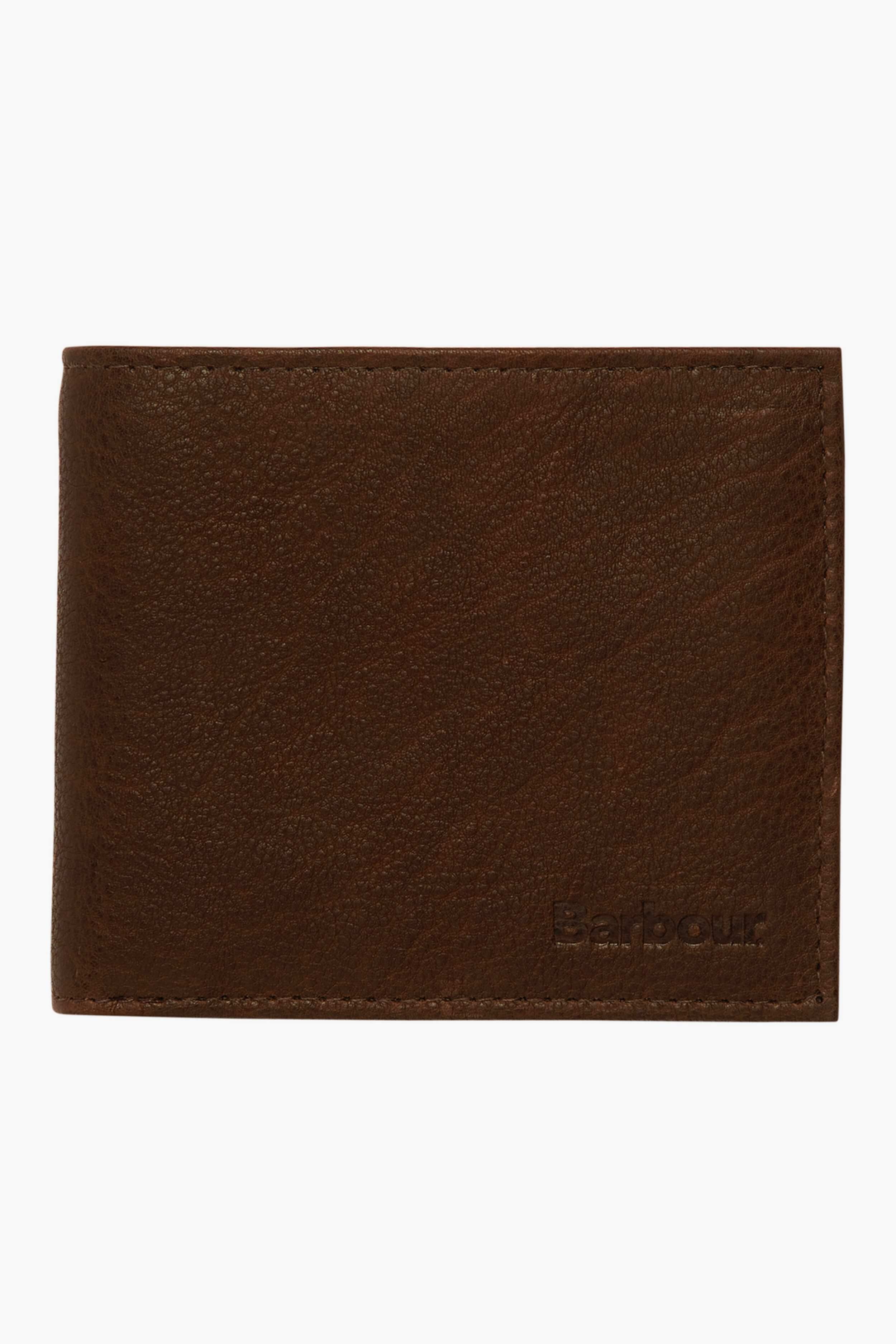 A closed brown leather billfold by Barbour with a subtle embossed logo on the bottom right corner and a convenient coin pocket.