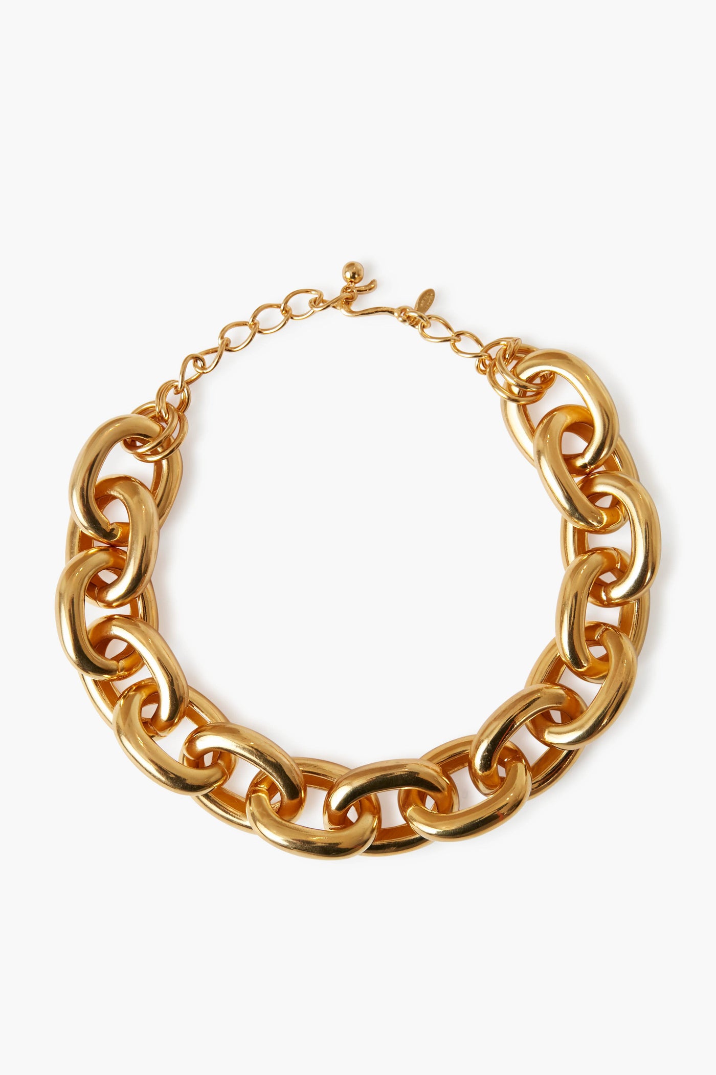 Kenneth Jay Lane’s gold chunky chain necklace showcases large oval links and an adjustable clasp, making it a bold statement piece of costume jewelry.