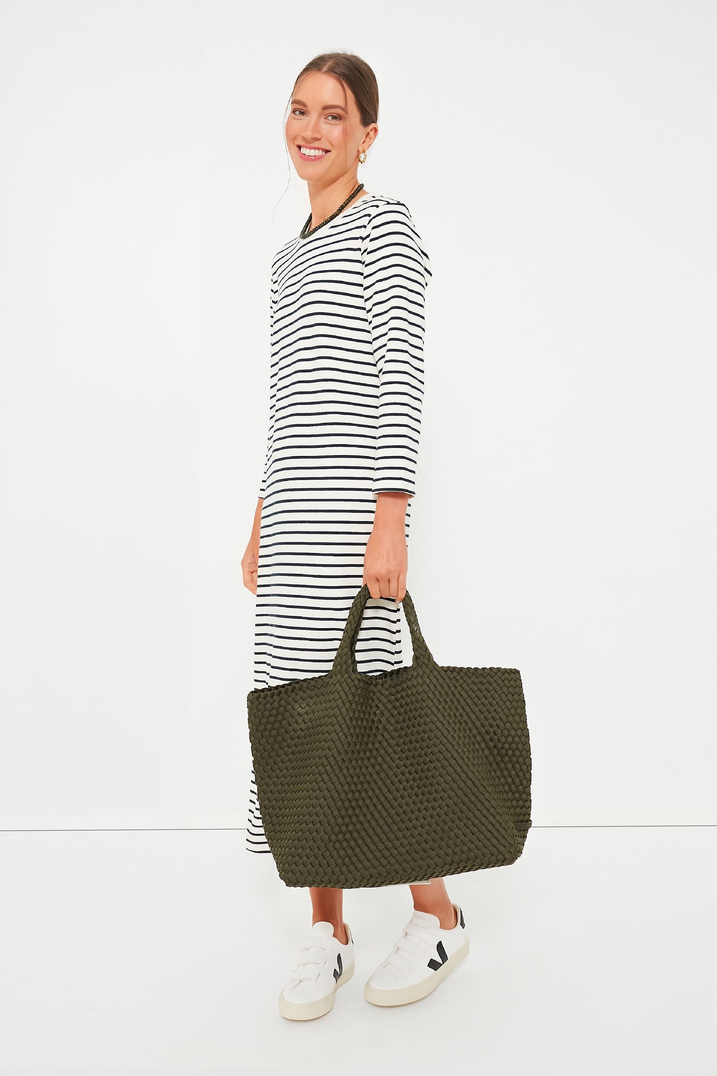 slim fit dress slacks Mylah Blue & Green Stripe Midi Dress