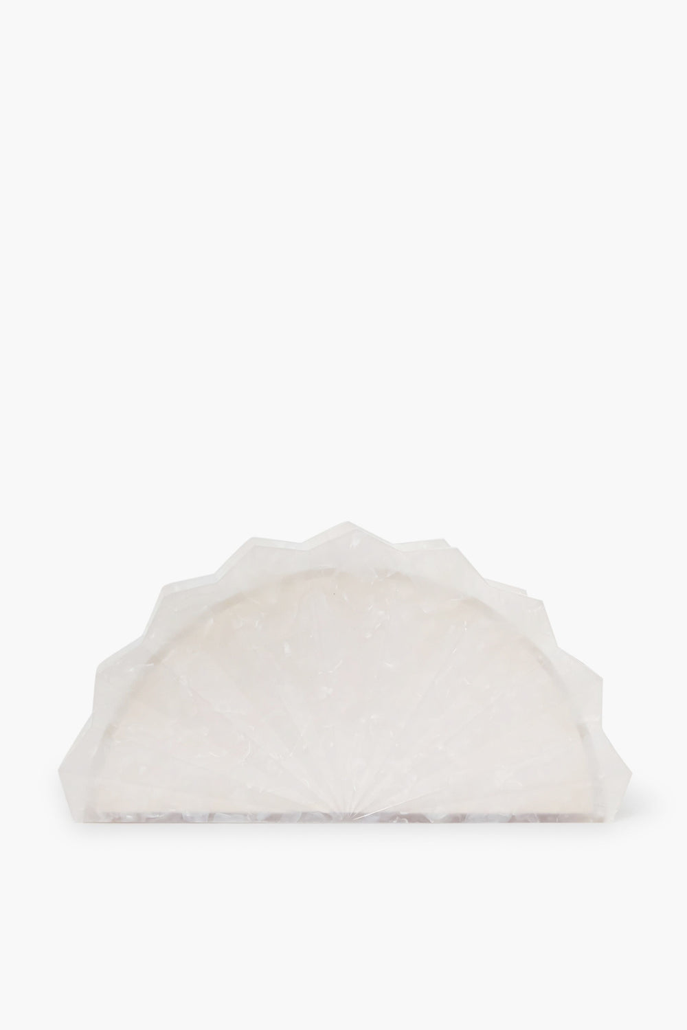 The Cult Gaia Esme Clutch is a white, semi-circular, fan-shaped bag with a textured surface made from pearlized acrylic, designed to resemble a decorative or functional household item.
