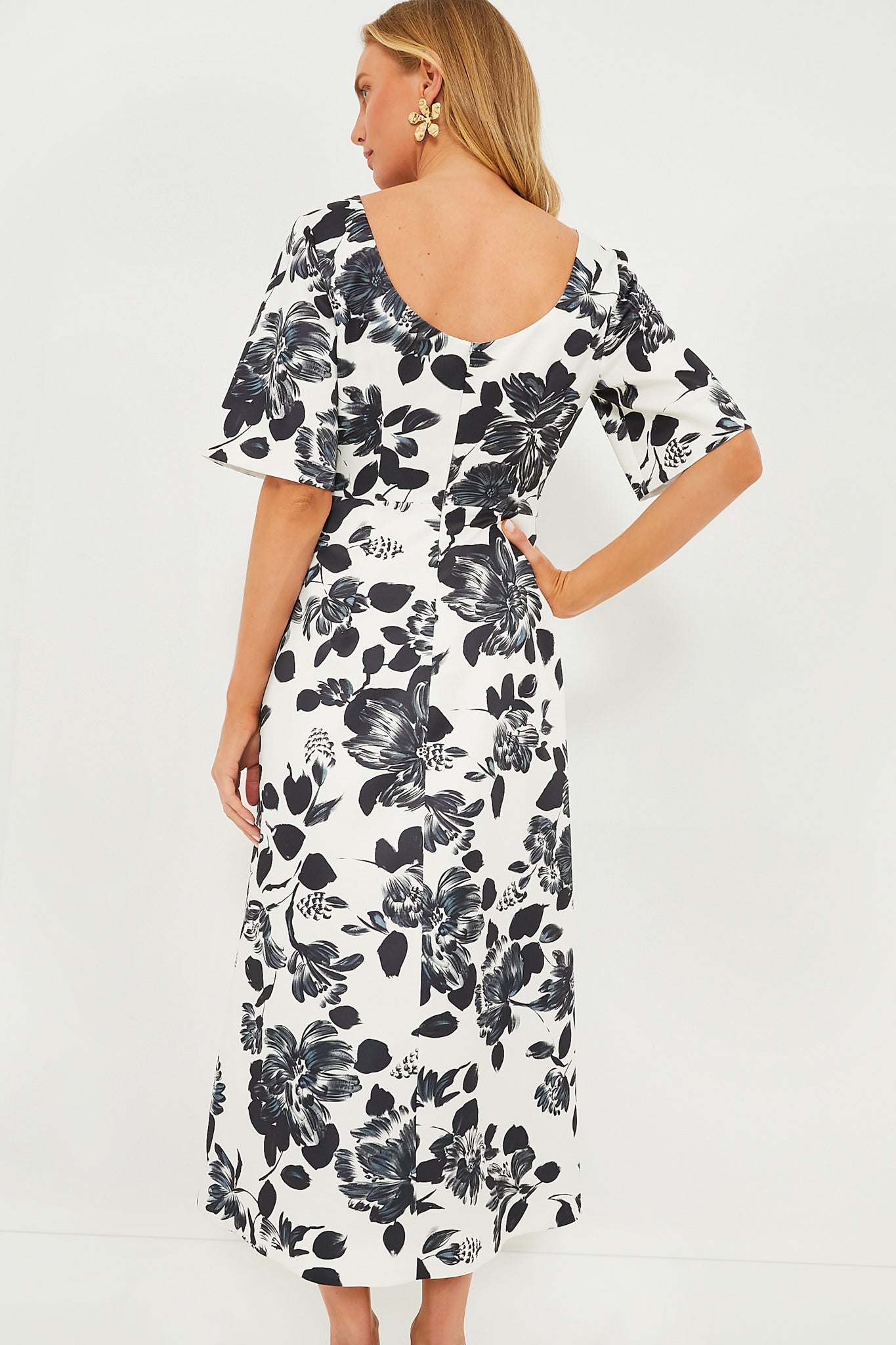Black Flowers on Ivory Kora Rounded Twill Dress