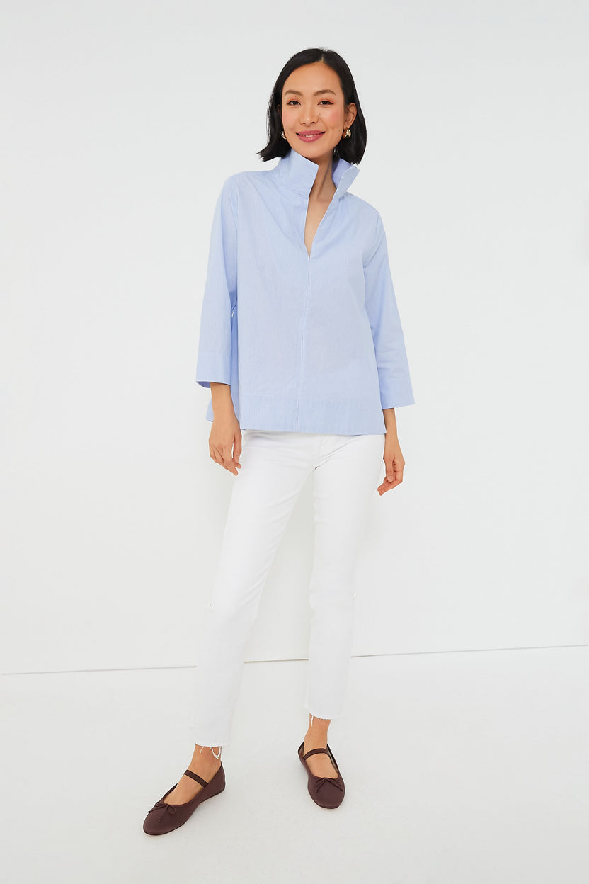Margot Stand Collar Blouse - Sky Blue Silk Stretch