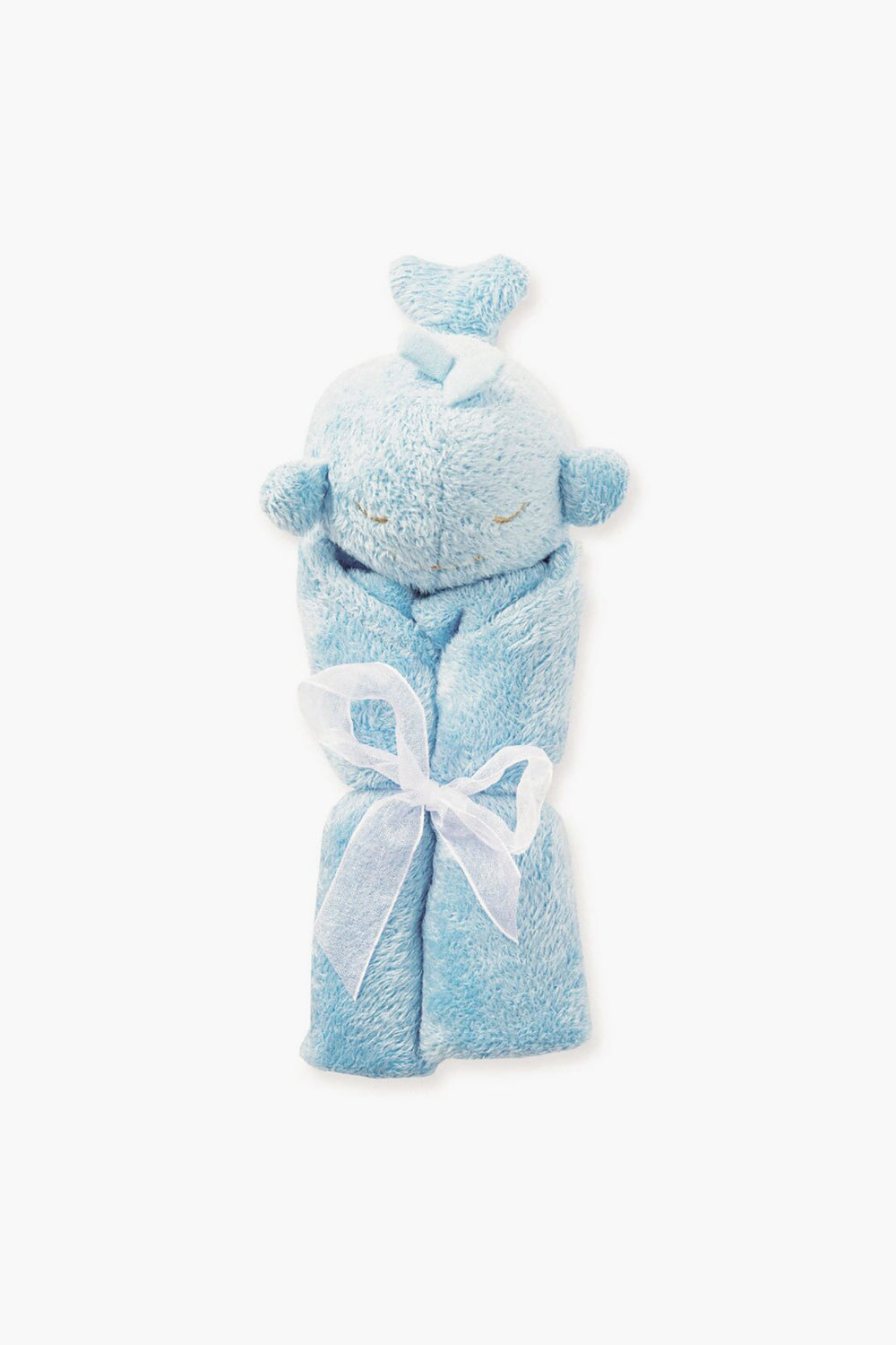 An Angel Dear blue plush toy wrapped in a matching whale blankie, tied with a white ribbon. The toy features stitched facial details and a heart on its head, providing cozy comfort for babies.