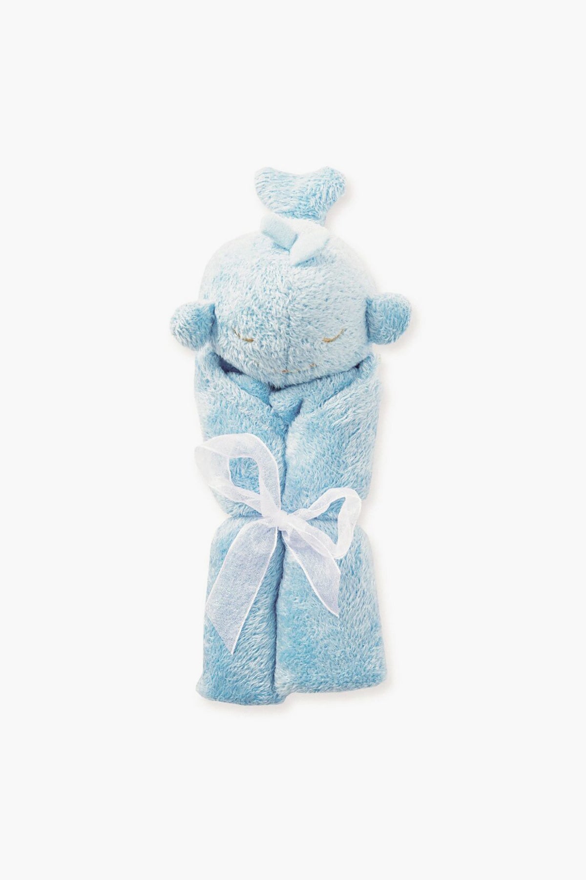 An Angel Dear blue plush toy wrapped in a matching whale blankie, tied with a white ribbon. The toy features stitched facial details and a heart on its head, providing cozy comfort for babies.