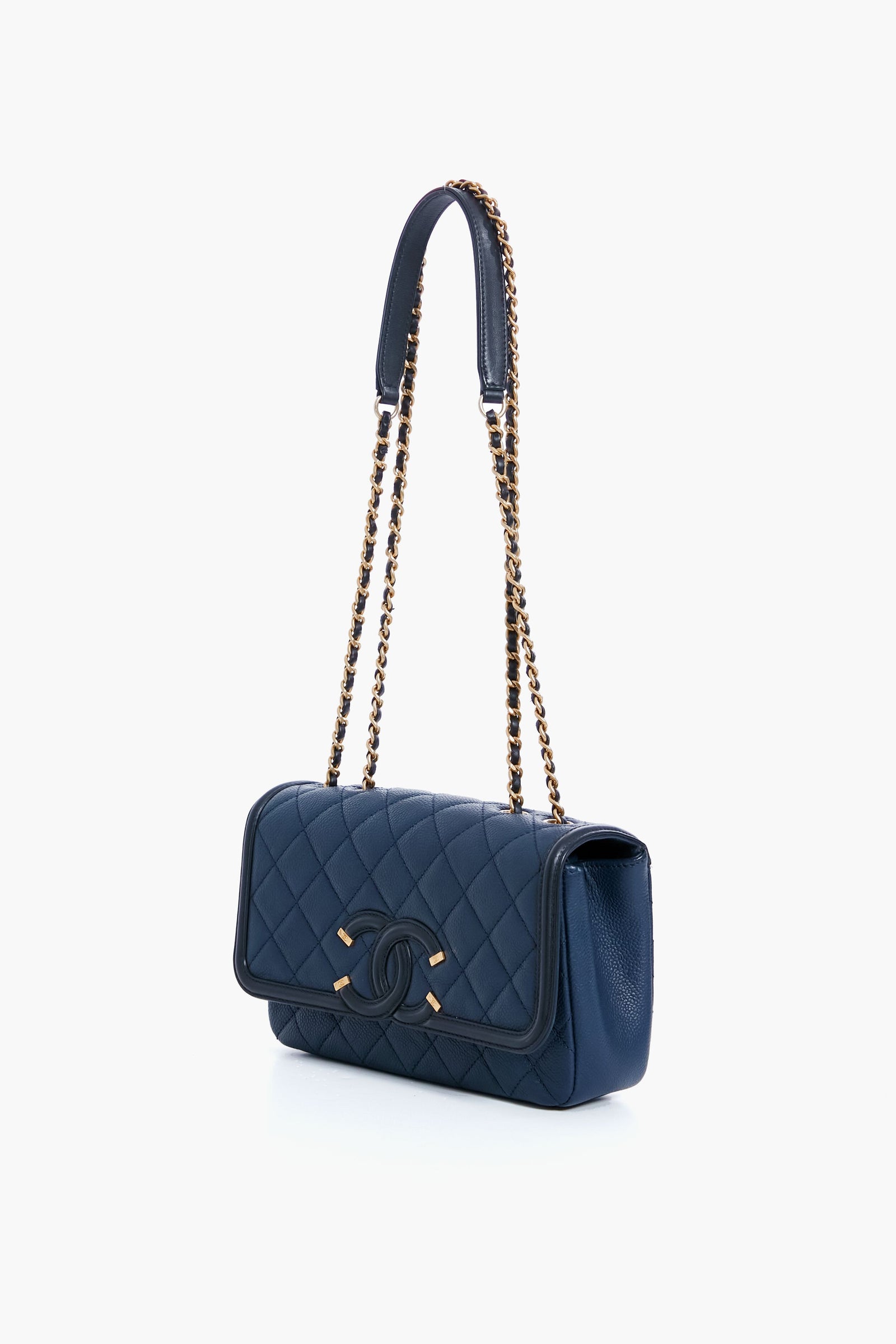 CHANEL Black and Navy Filigree Flap Shoulder Bag
