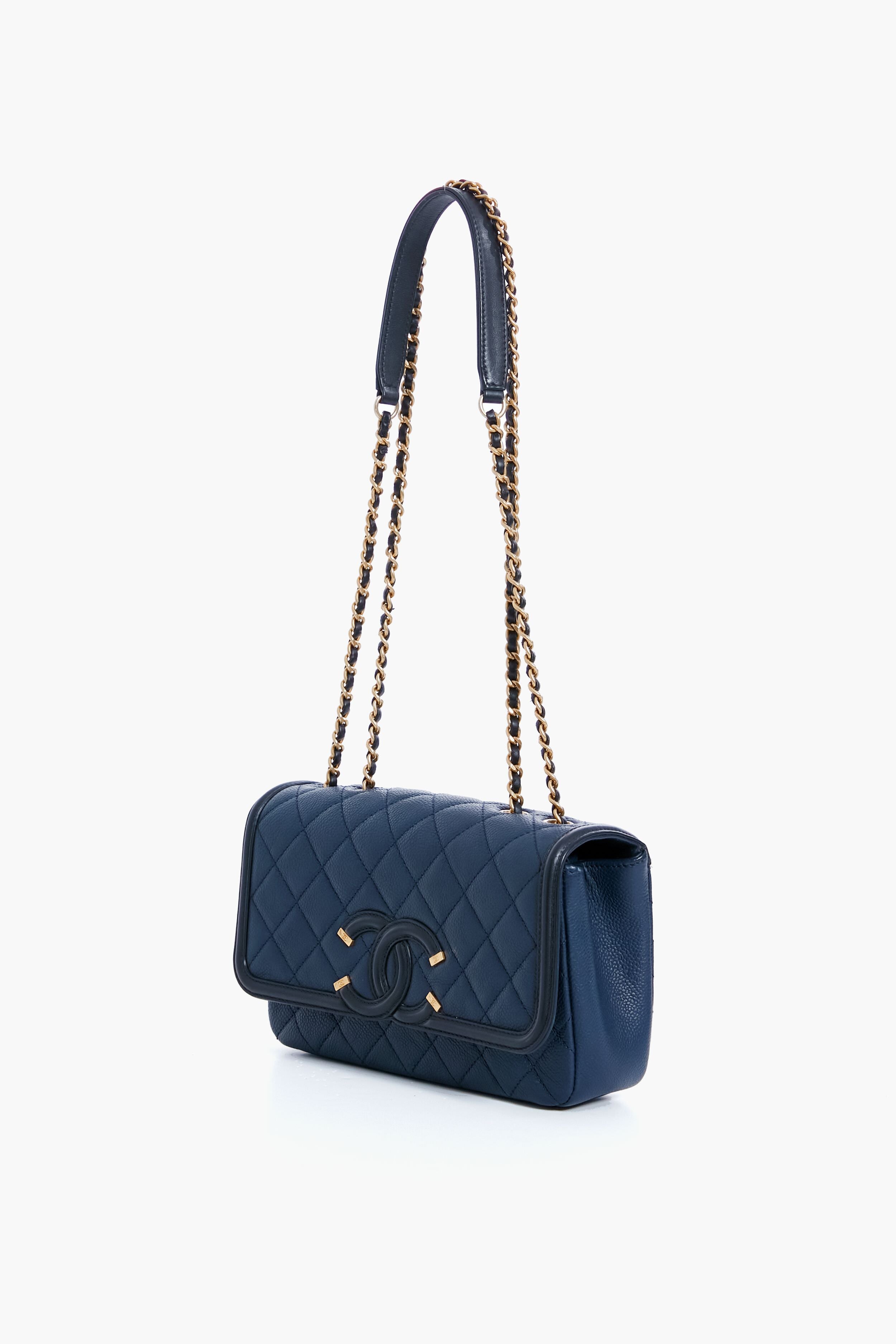 CHANEL Black and Navy Filigree Flap Shoulder Bag