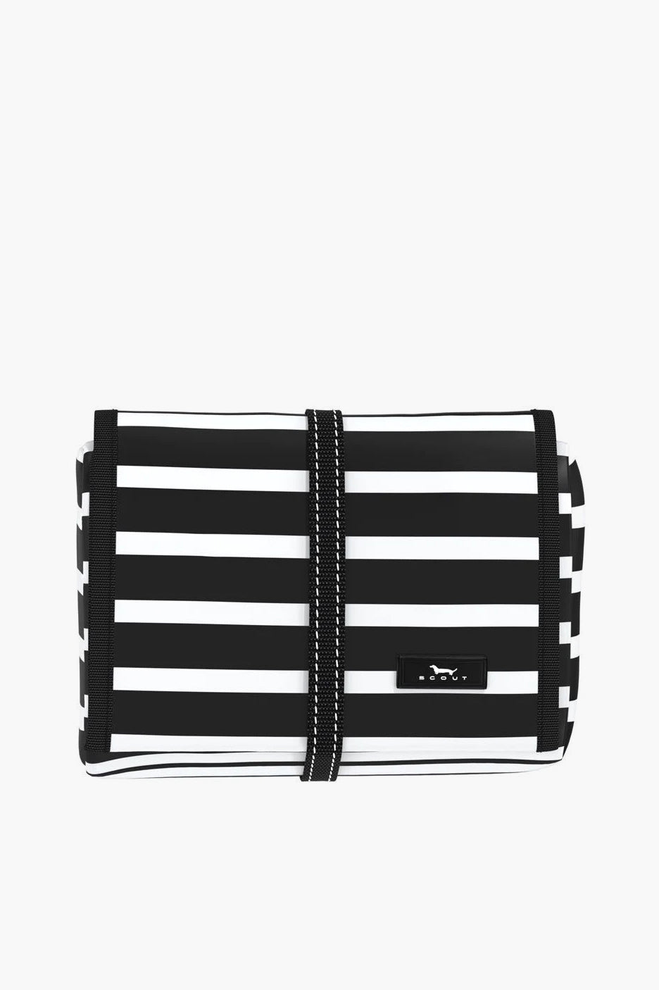 The SCOUT rectangular clutch bag is made from water-resistant coated cotton with bold black and white horizontal stripes and a vertical black strap at the center.