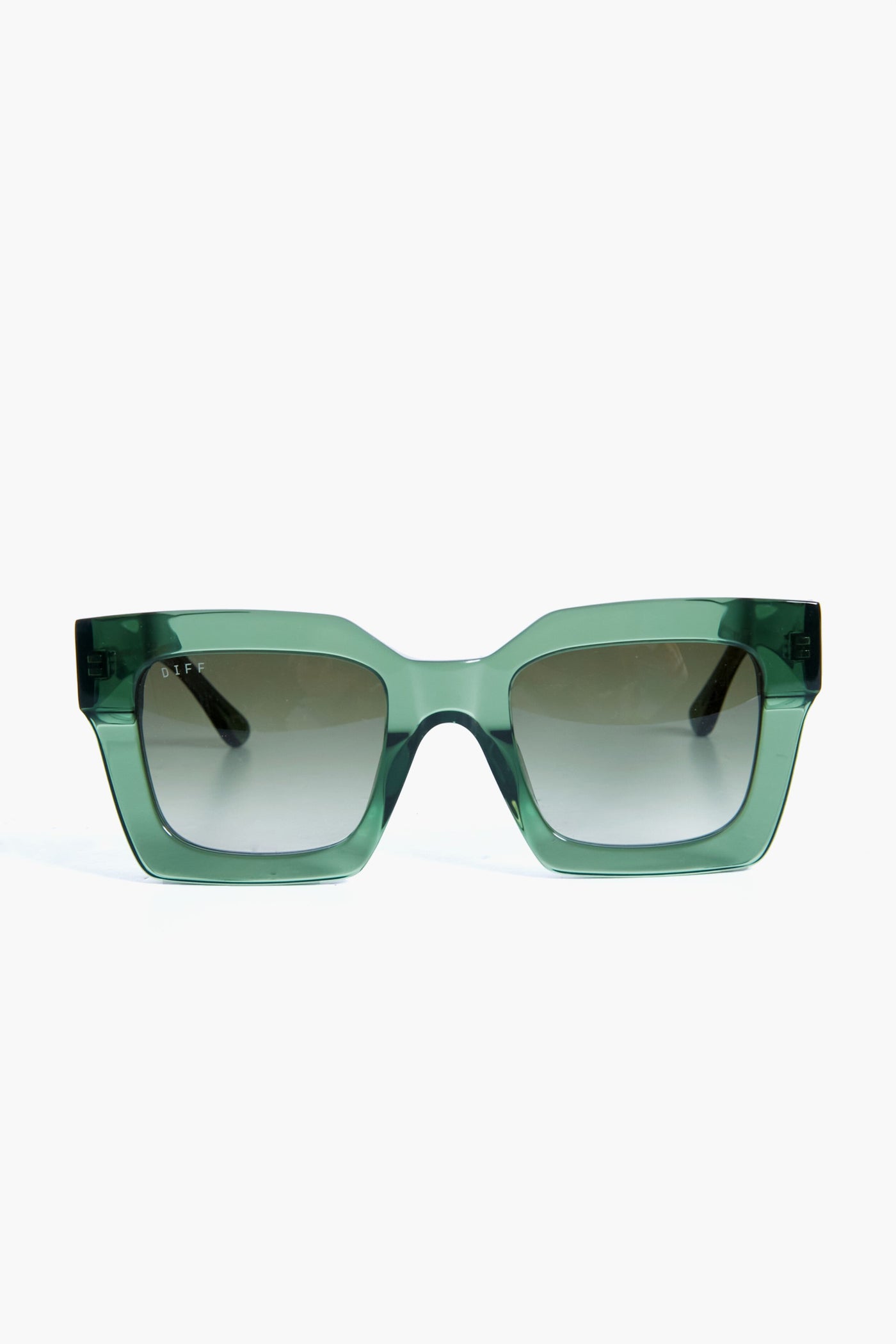 Rectangular green oversized sunglasses with thick frames and dark gradient lenses, shown front-facing. These bold, modern sunglasses are from DIFF Eyewear.