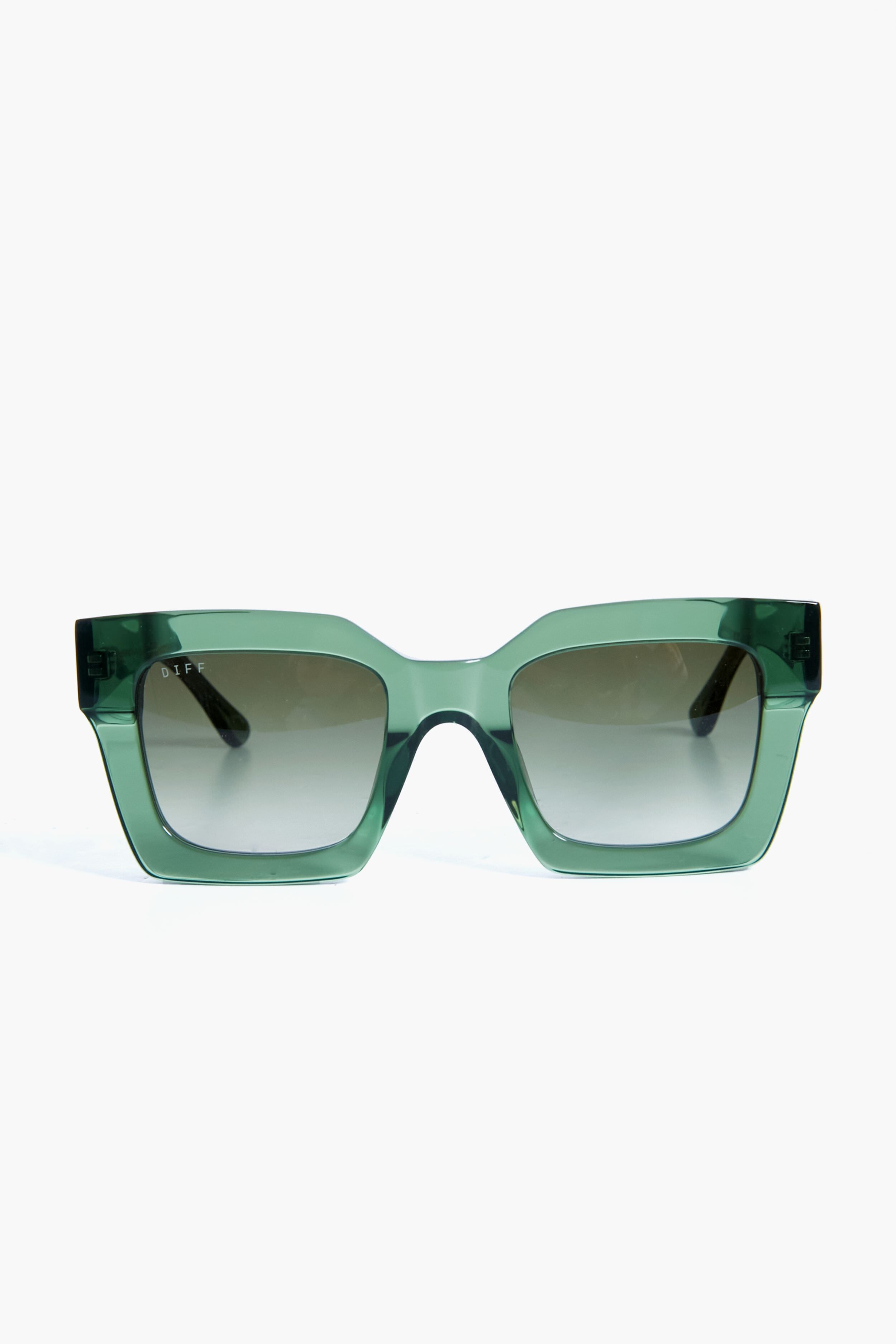 Rectangular green oversized sunglasses with thick frames and dark gradient lenses, shown front-facing. These bold, modern sunglasses are from DIFF Eyewear.
