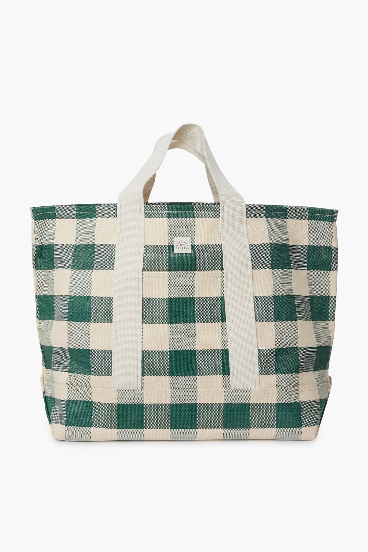 Loeffler Randall’s oversized tote features a green and white checkered pattern, cotton woven handles, and a front rectangular logo patch.