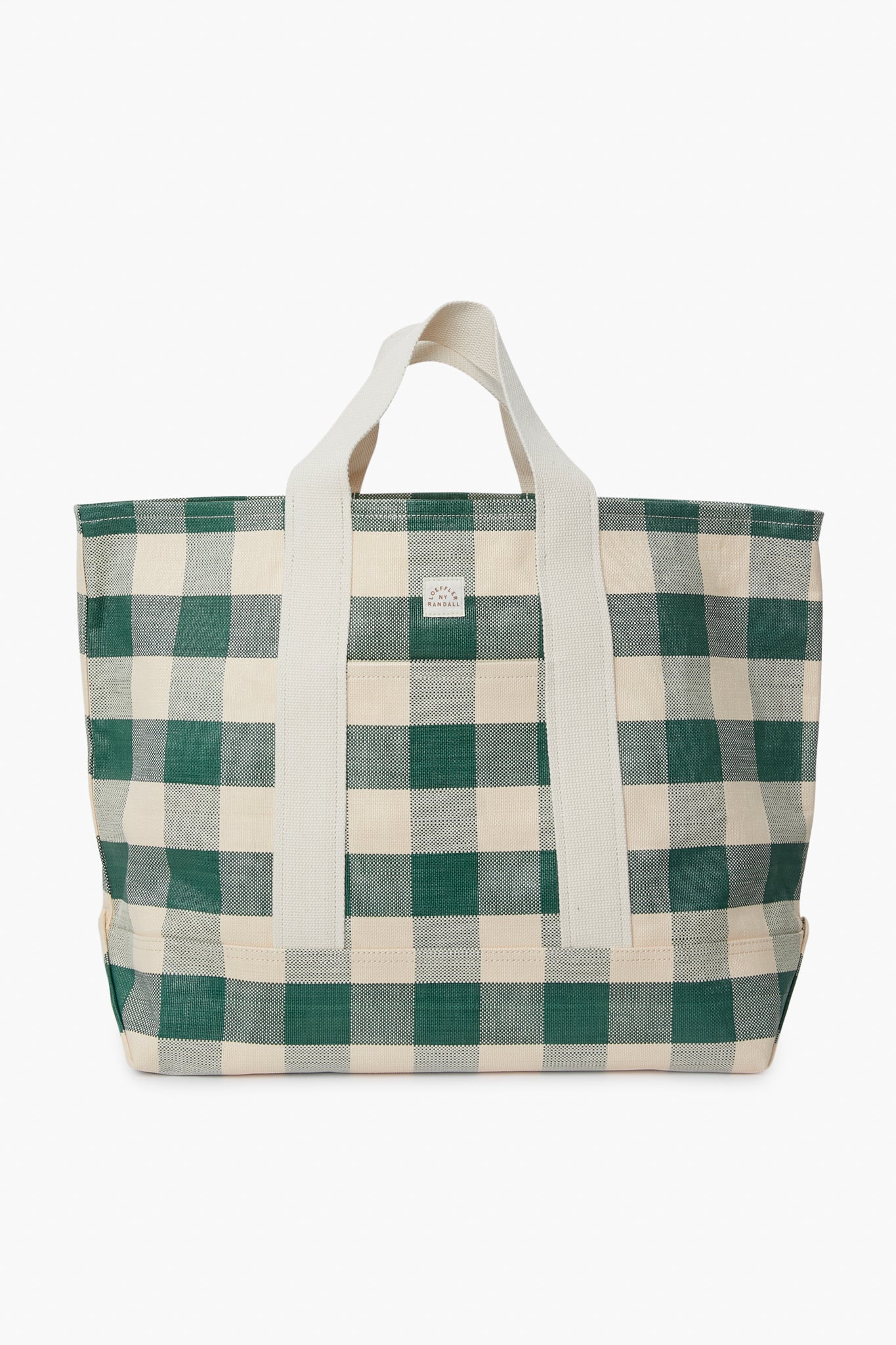 Loeffler Randall’s oversized tote features a green and white checkered pattern, cotton woven handles, and a front rectangular logo patch.