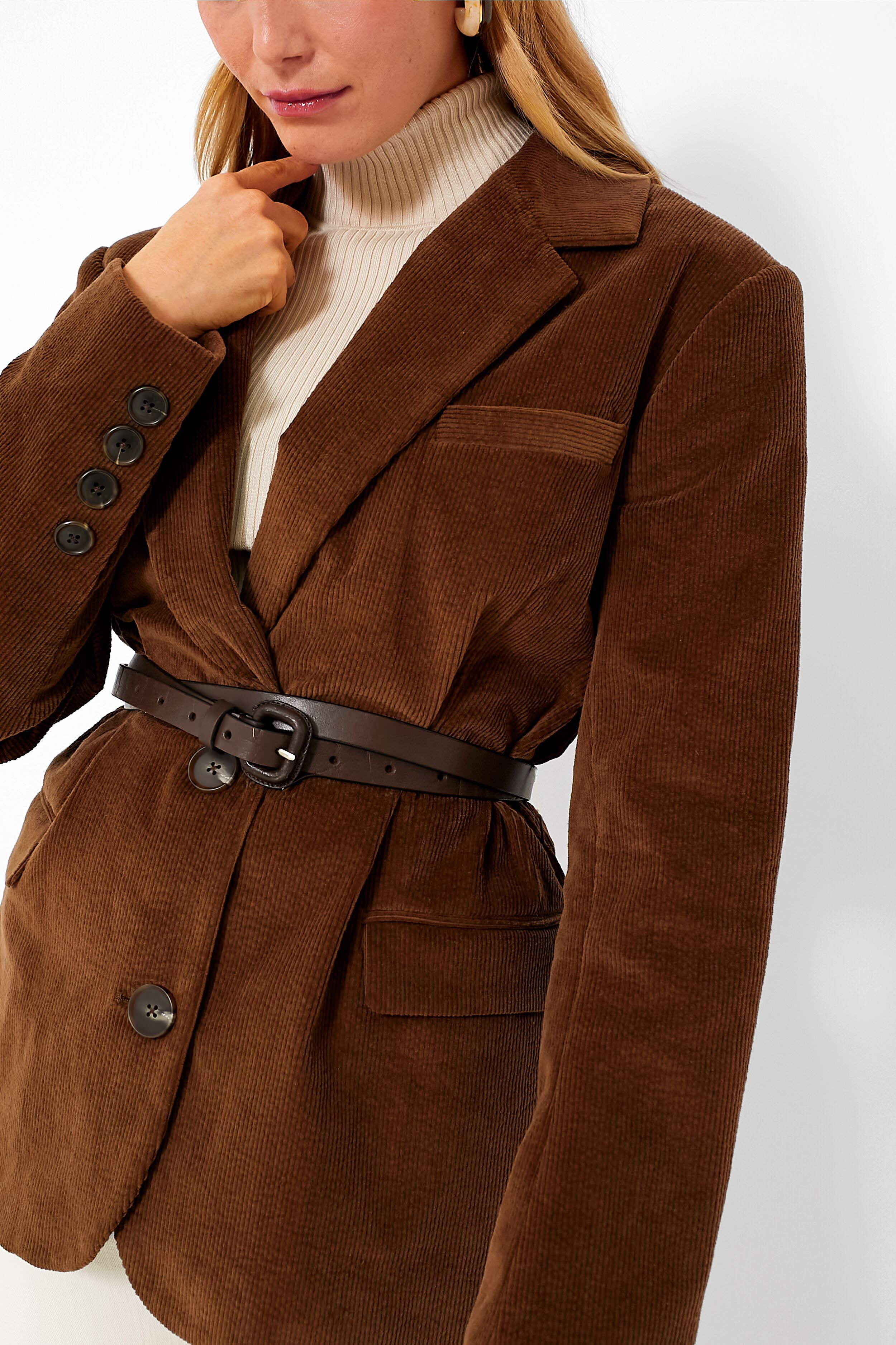 Brown Cooper Corduroy Long Sleeve Blazer with Leather Belt | Sea